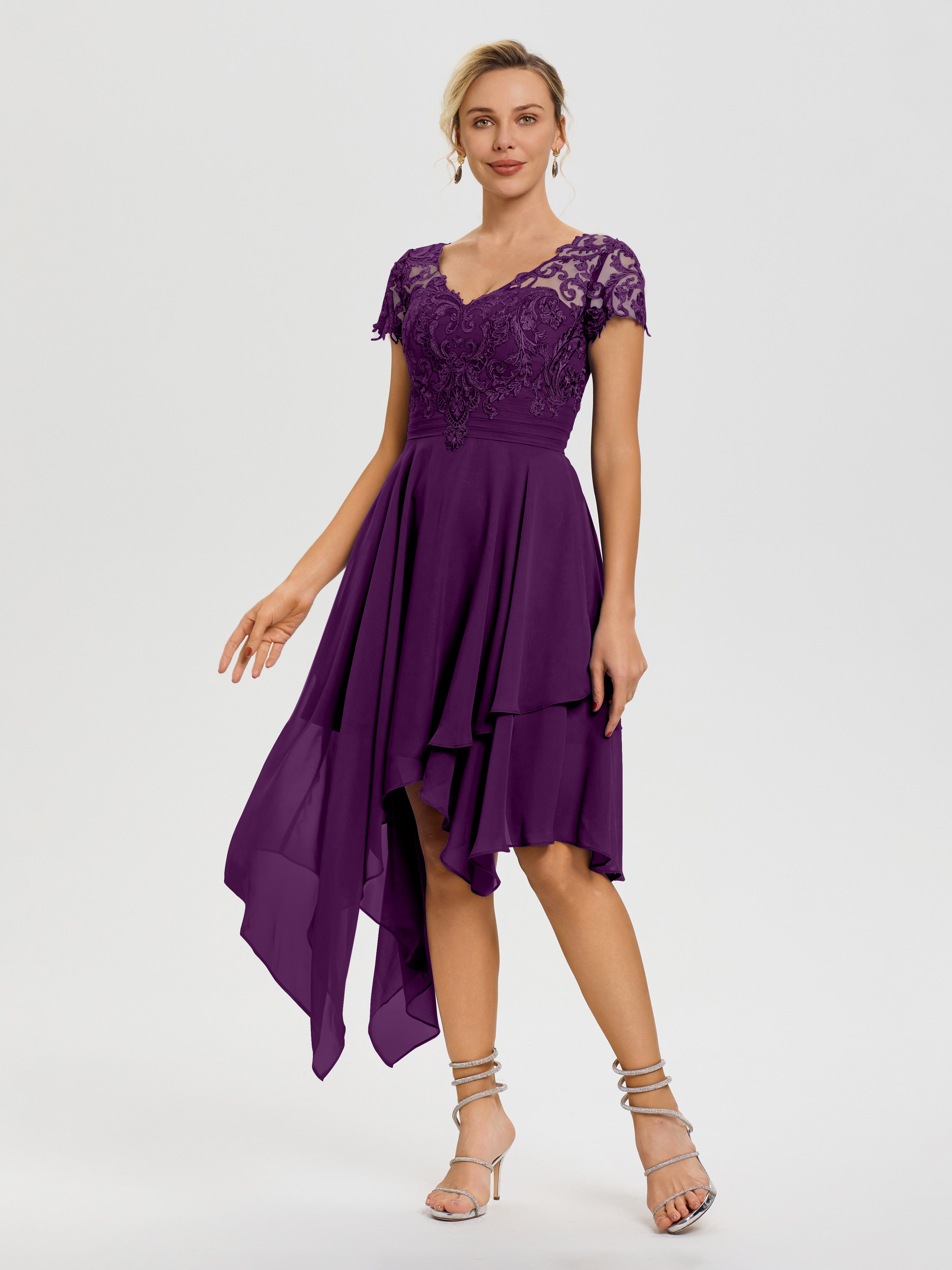 Robe De Mère De La Mariée Raisin Col V Mousseline&Dentelle Asymétrique Robe Mère De La Mariée
