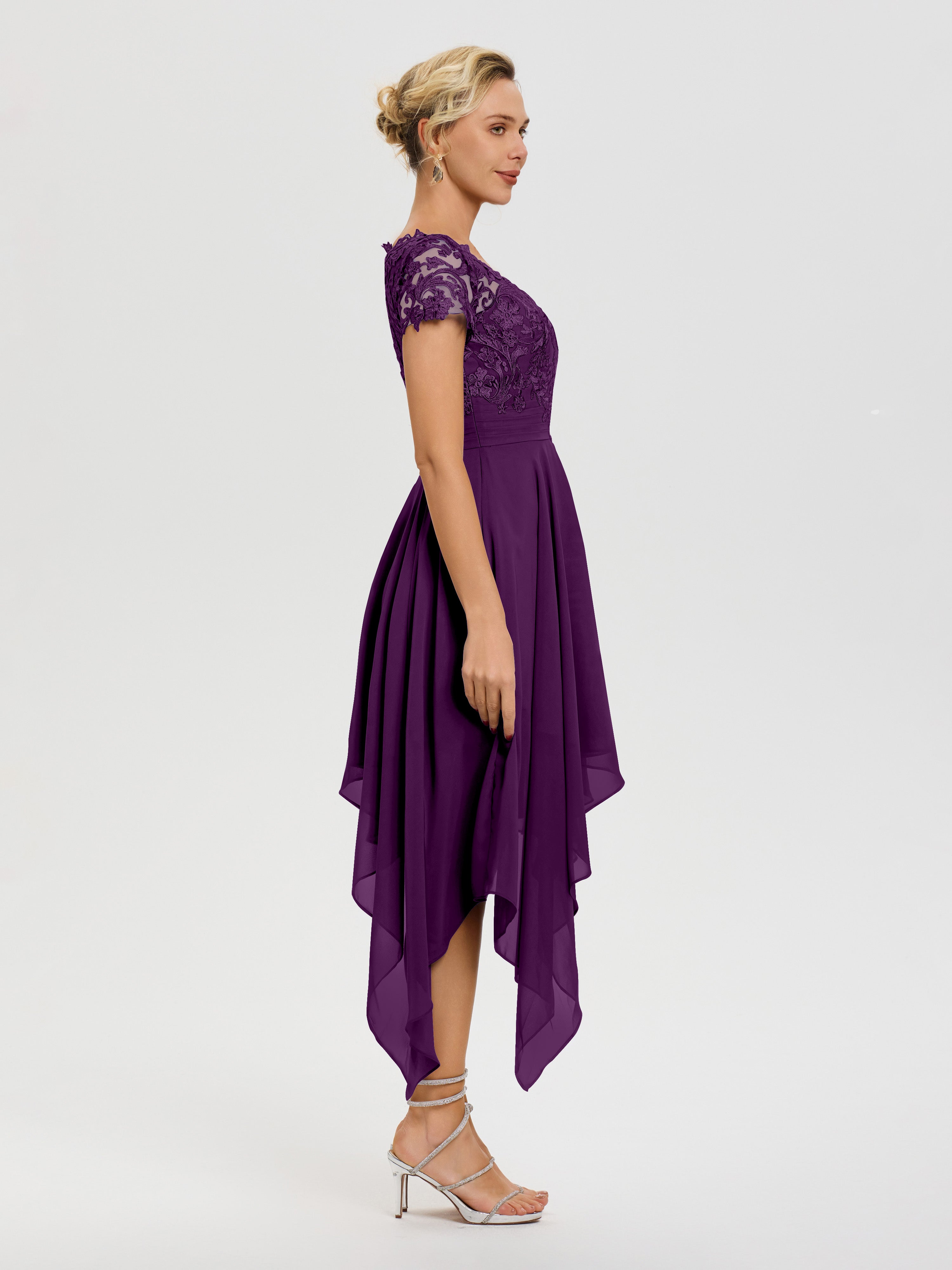 Robe De Mère De La Mariée Raisin Col V Mousseline&Dentelle Asymétrique Robe Mère De La Mariée