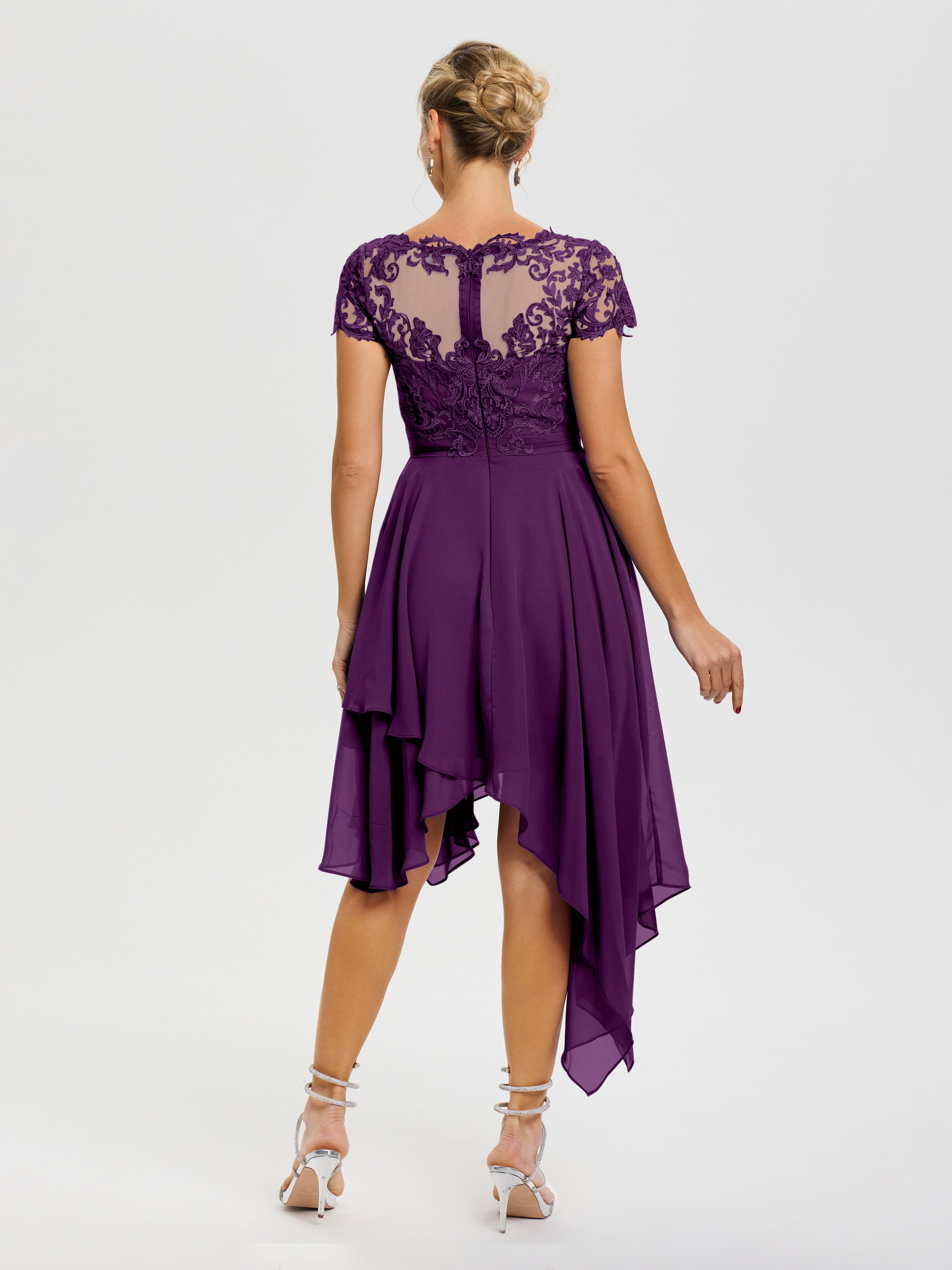 Robe De Mère De La Mariée Raisin Col V Mousseline&Dentelle Asymétrique Robe Mère De La Mariée