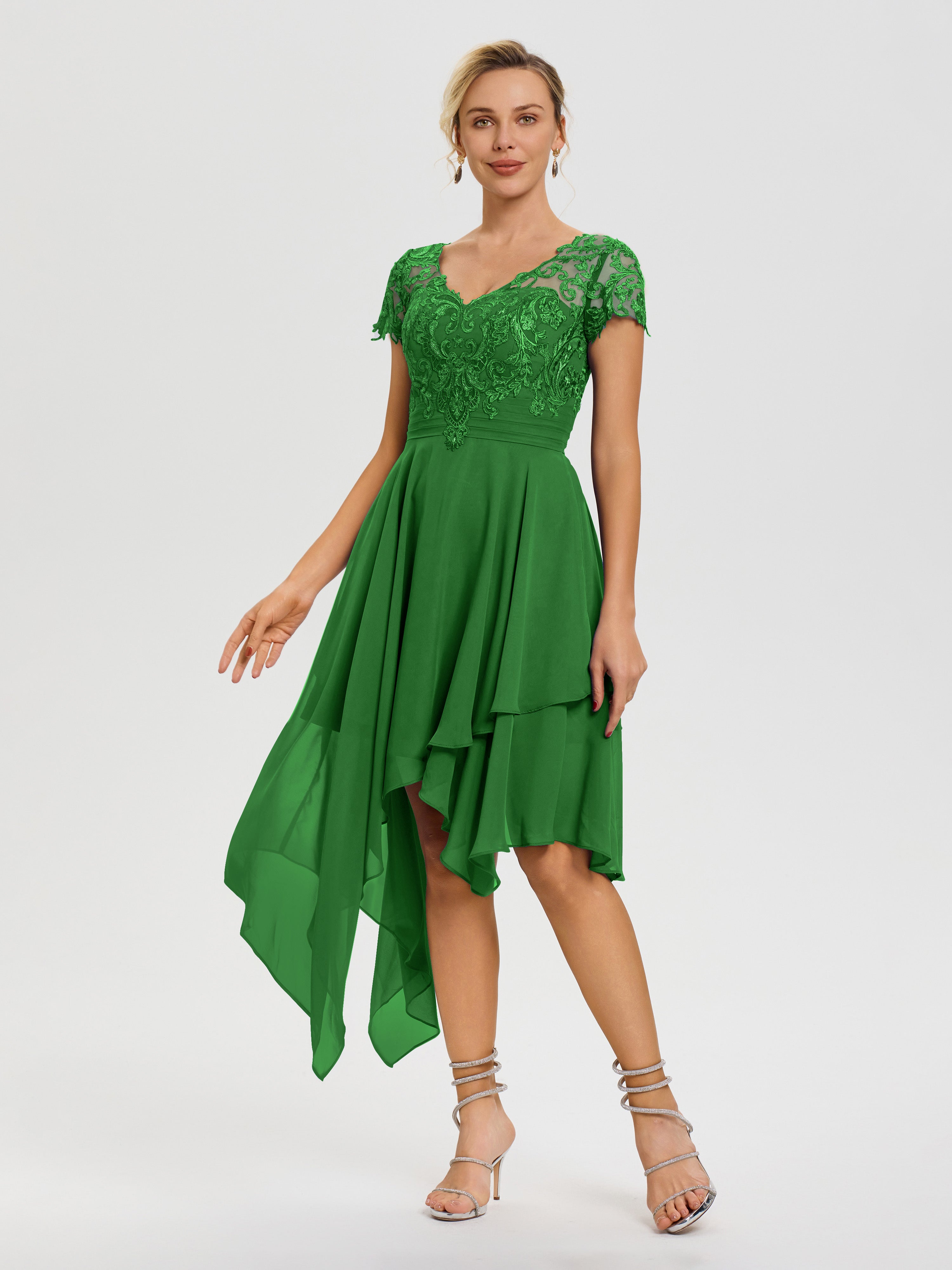 Robe Verte Mere De La Mariee Col V Mousseline&Dentelle Asymétrique Robe Mère De La Mariée
