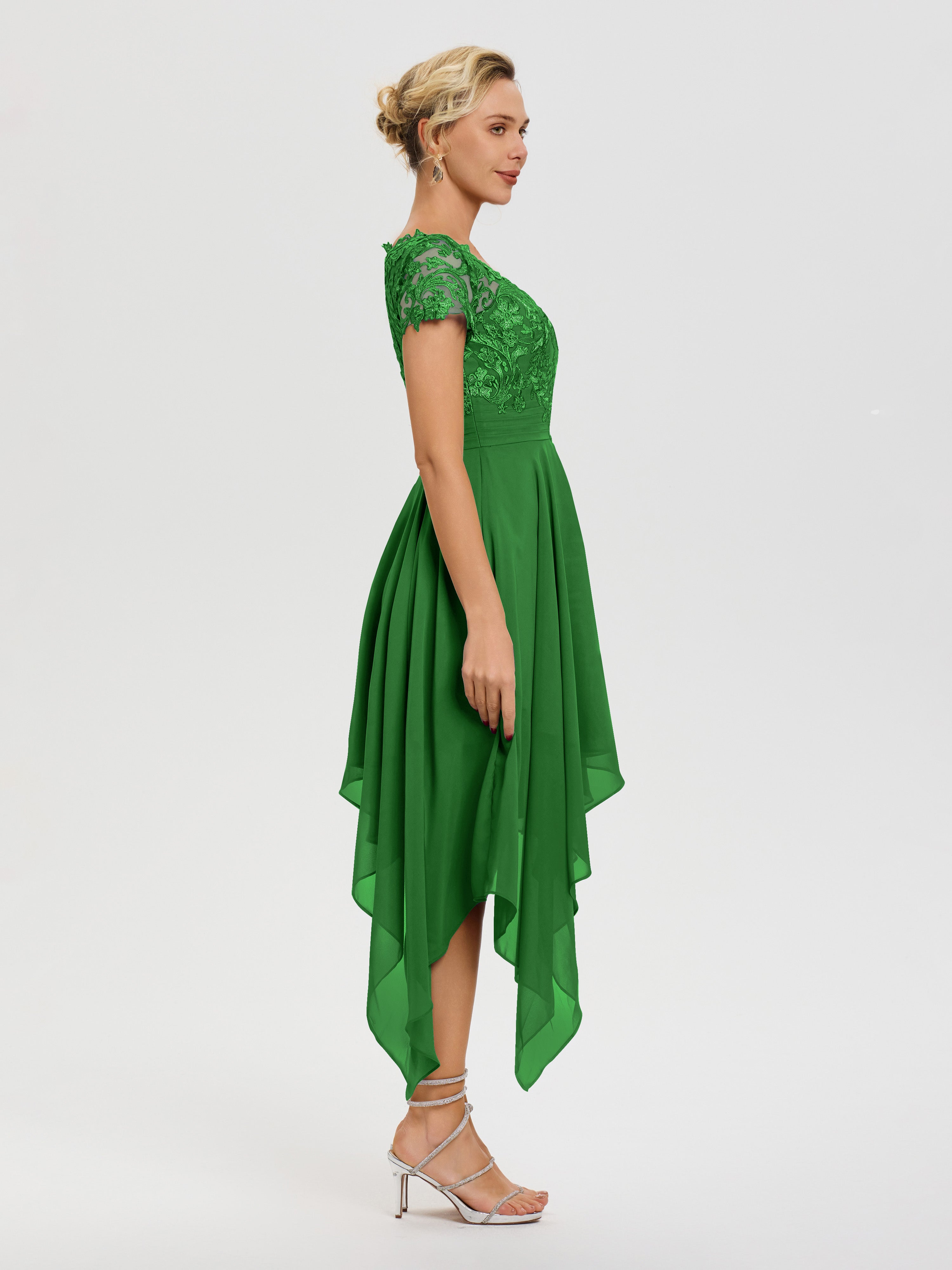 Robe Verte Mere De La Mariee Col V Mousseline&Dentelle Asymétrique Robe Mère De La Mariée