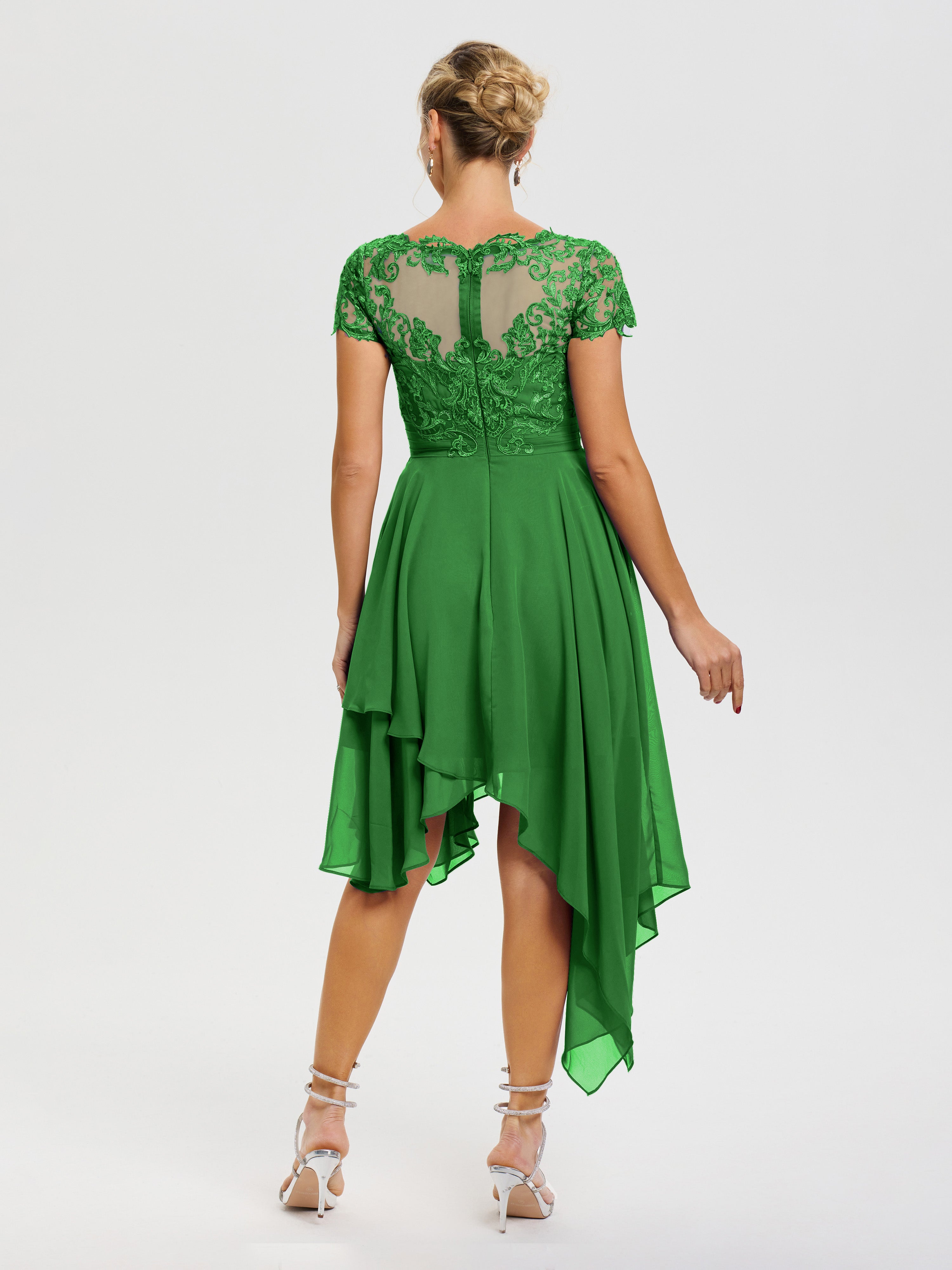 Robe Verte Mere De La Mariee Col V Mousseline&Dentelle Asymétrique Robe Mère De La Mariée