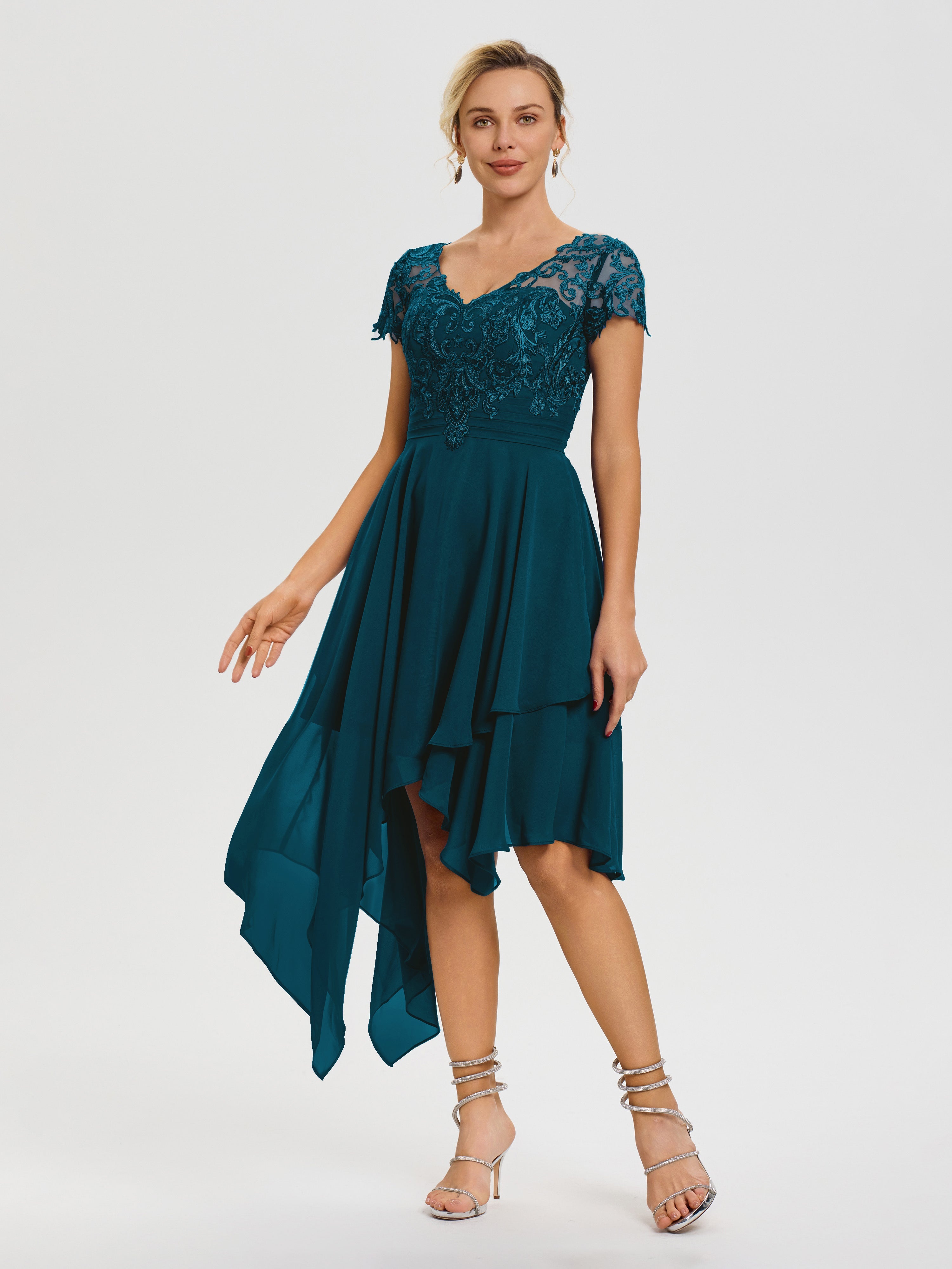 Robe Mère De Mariée Bleu Encre Col V Mousseline&Dentelle Asymétrique Robe Mère De La Mariée
