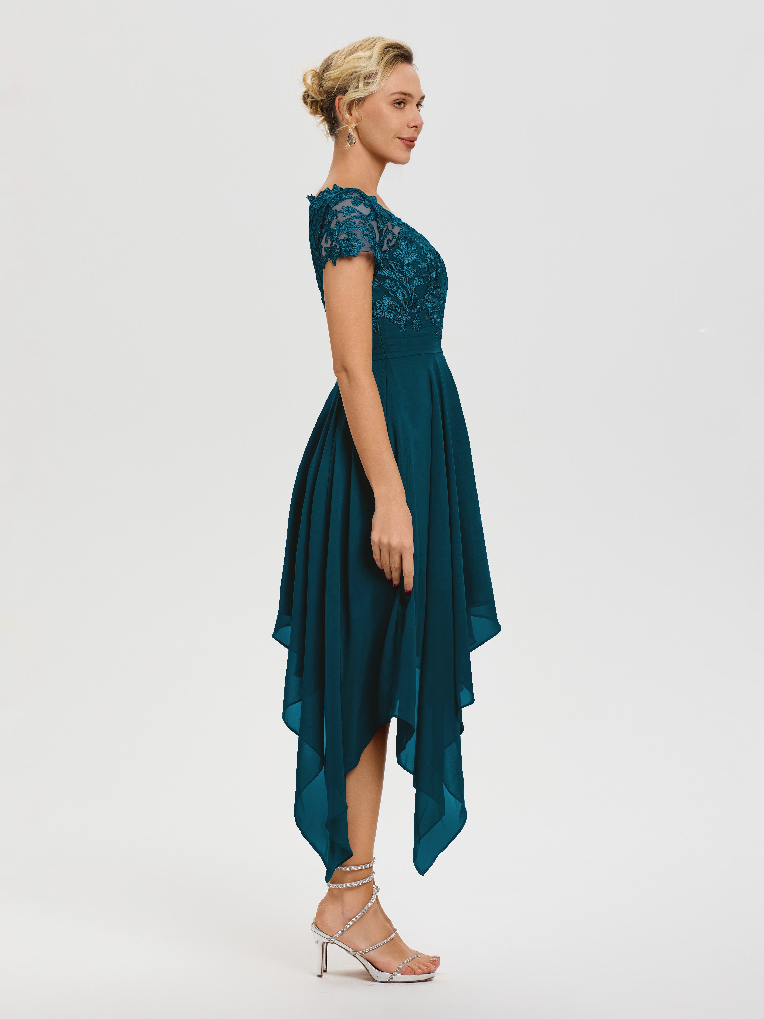 Robe Mère De Mariée Bleu Encre Col V Mousseline&Dentelle Asymétrique Robe Mère De La Mariée