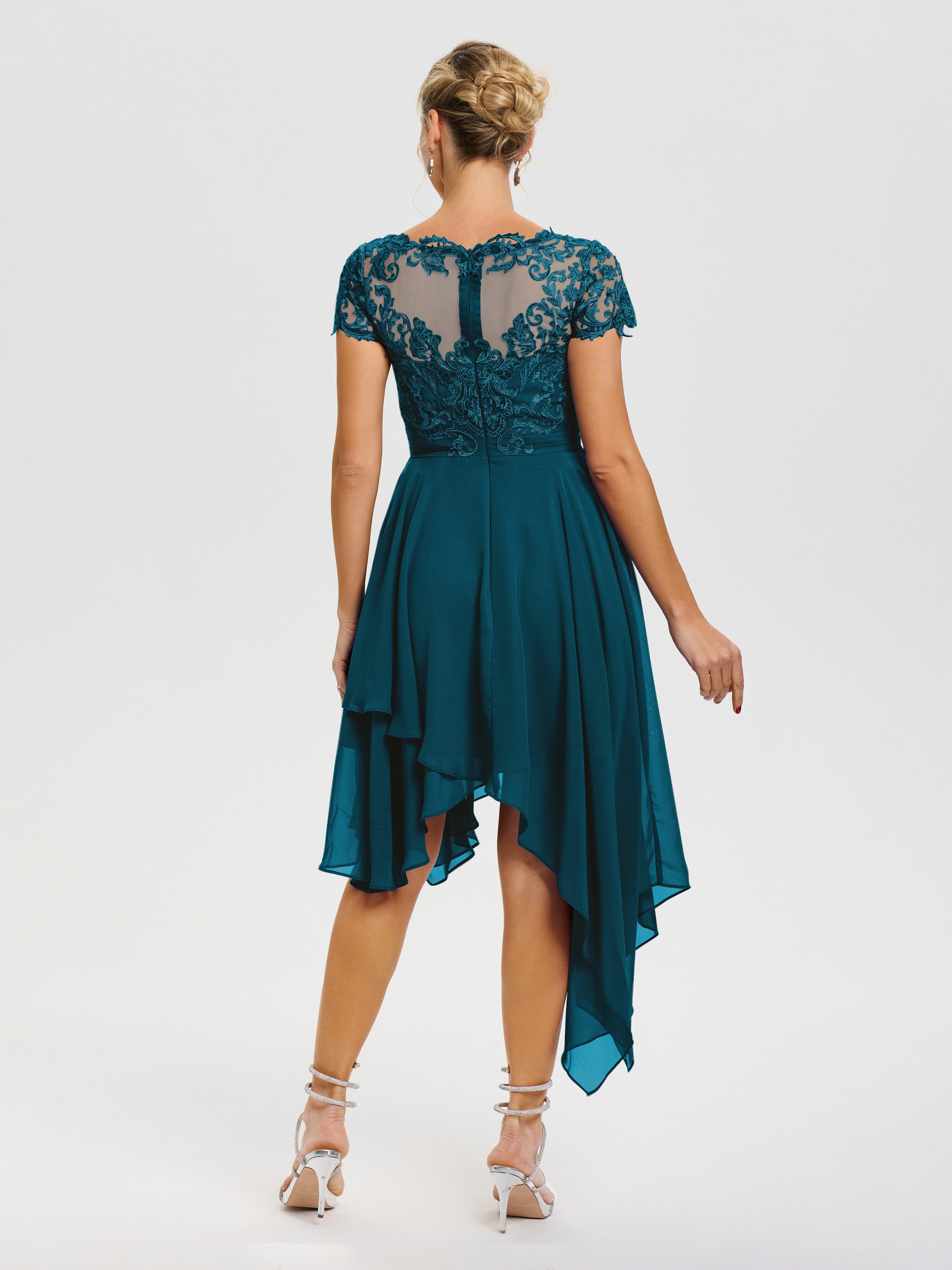 Robe Mère De Mariée Bleu Encre Col V Mousseline&Dentelle Asymétrique Robe Mère De La Mariée