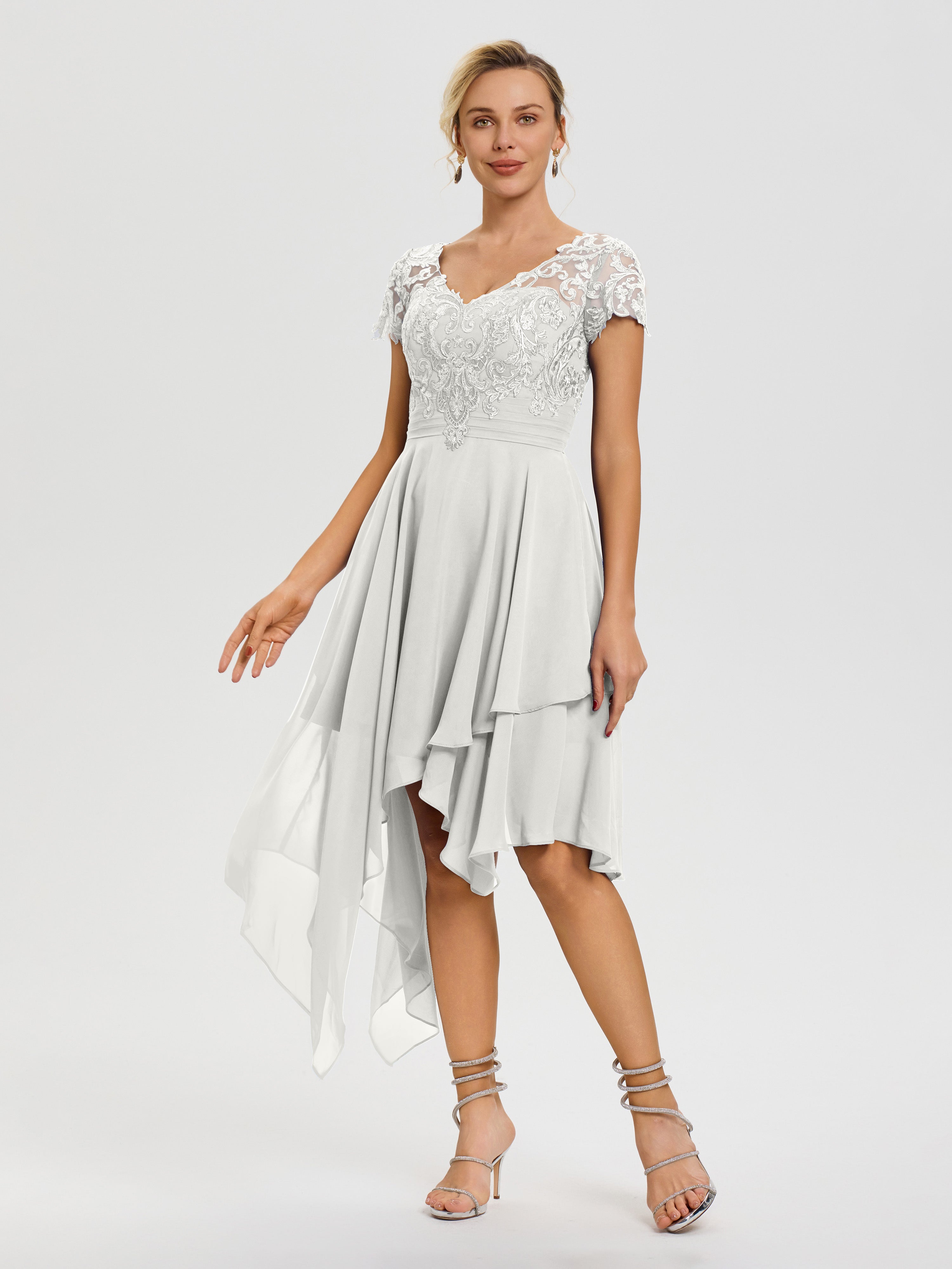 Robe Pour La Mère Du Marié Ivoire Col V Mousseline&Dentelle Asymétrique Robe Mère De La Mariée