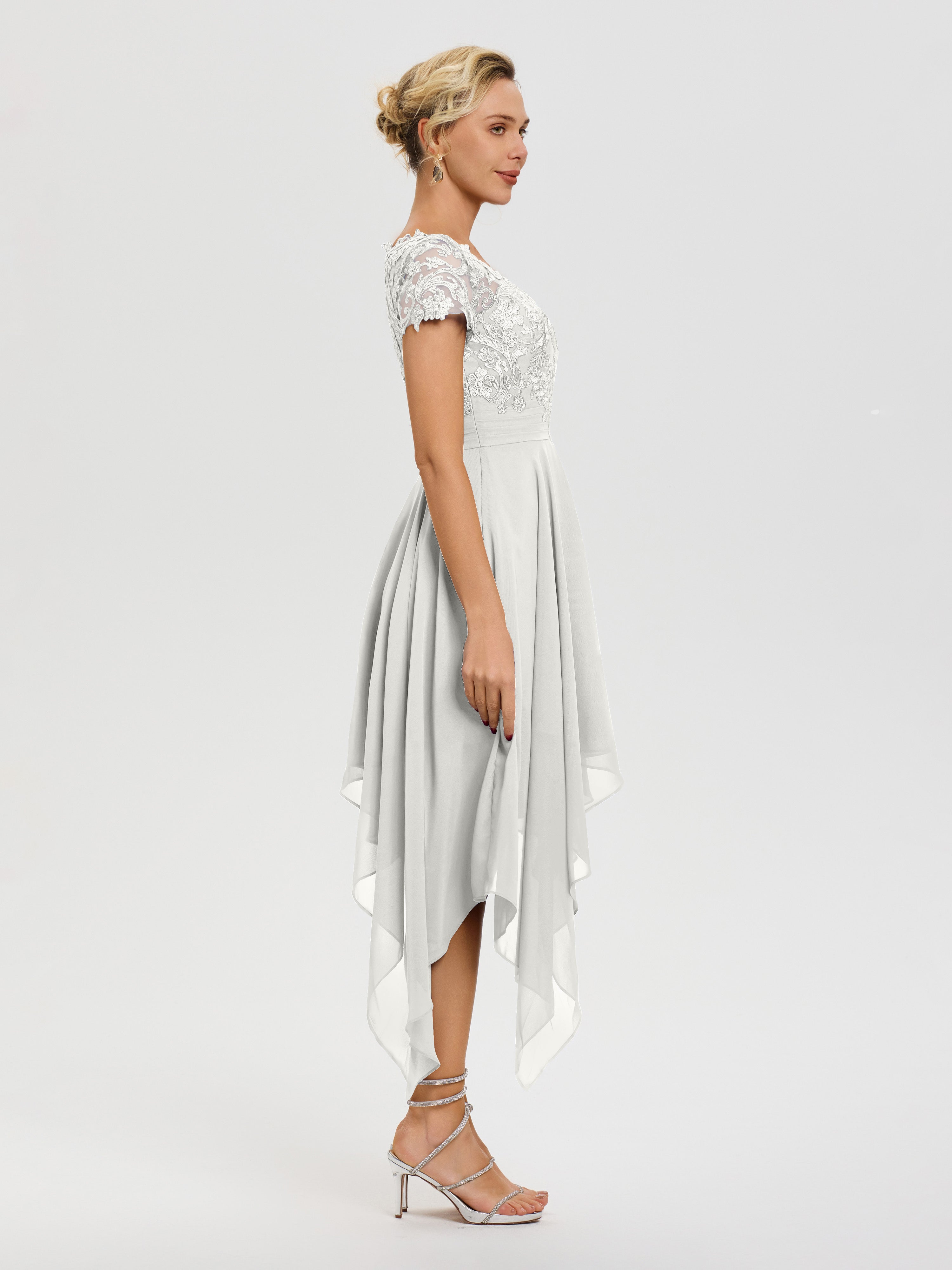 Robe Pour La Mère Du Marié Ivoire Col V Mousseline&Dentelle Asymétrique Robe Mère De La Mariée