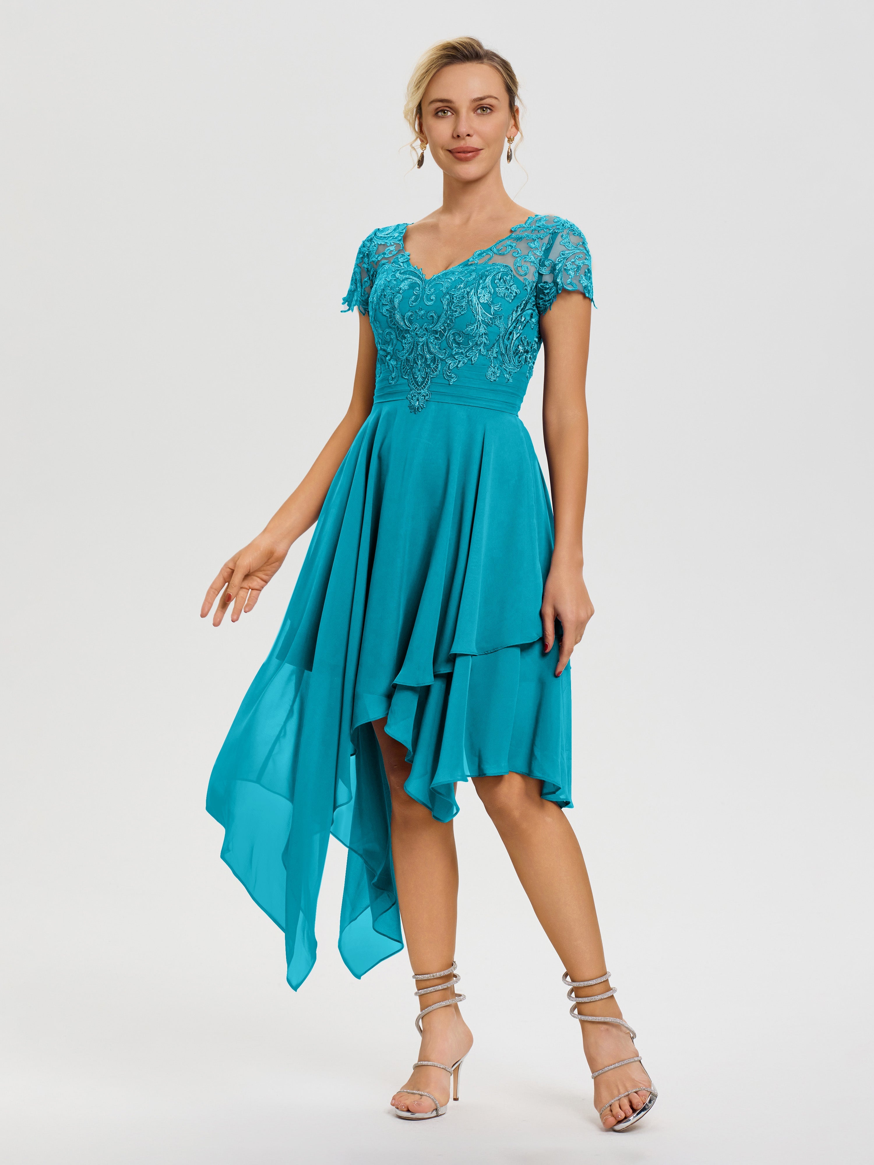 Robe Pour La Mère Du Marié Jade Col V Mousseline&Dentelle Asymétrique Robe Mère De La Mariée