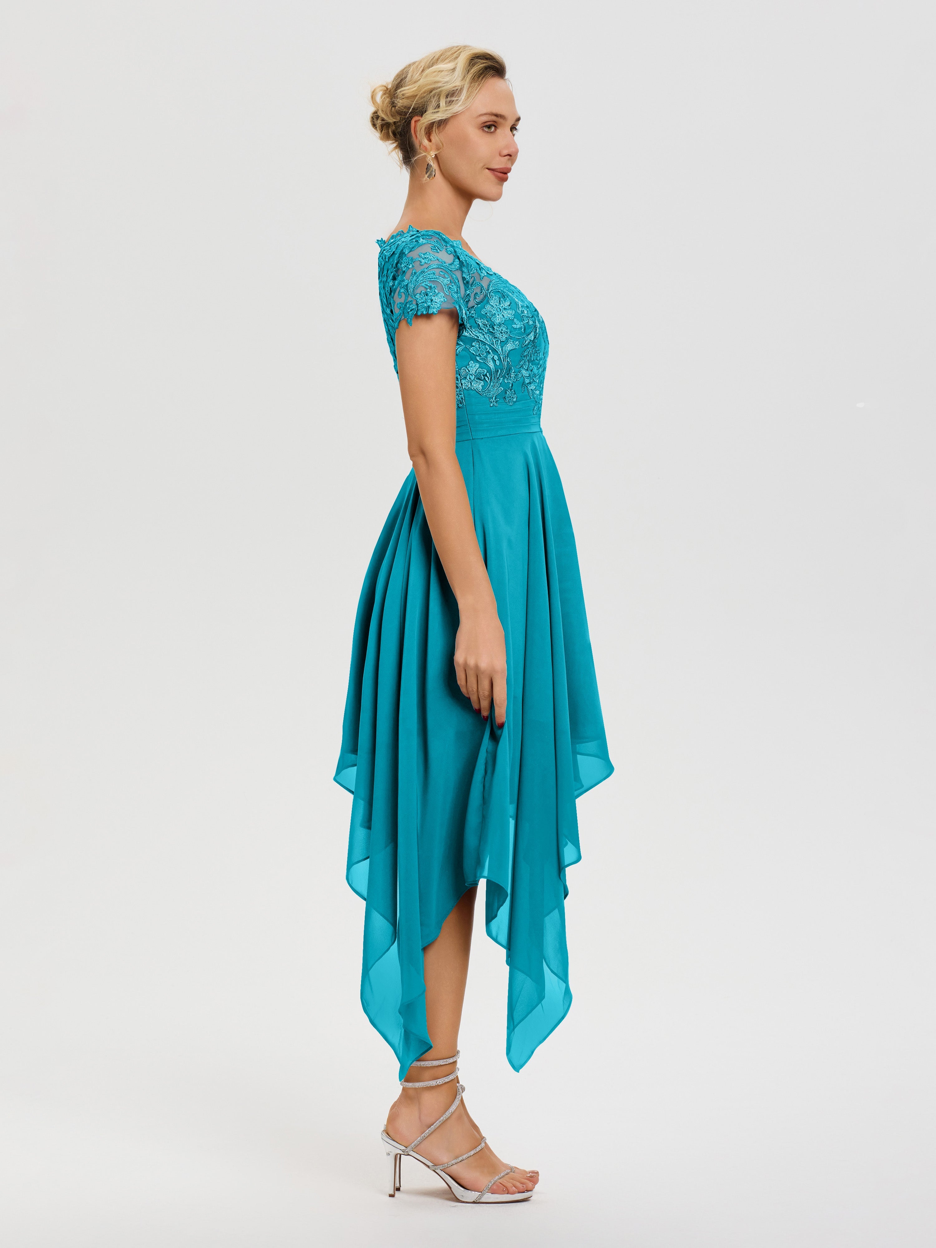 Robe Pour La Mère Du Marié Jade Col V Mousseline&Dentelle Asymétrique Robe Mère De La Mariée