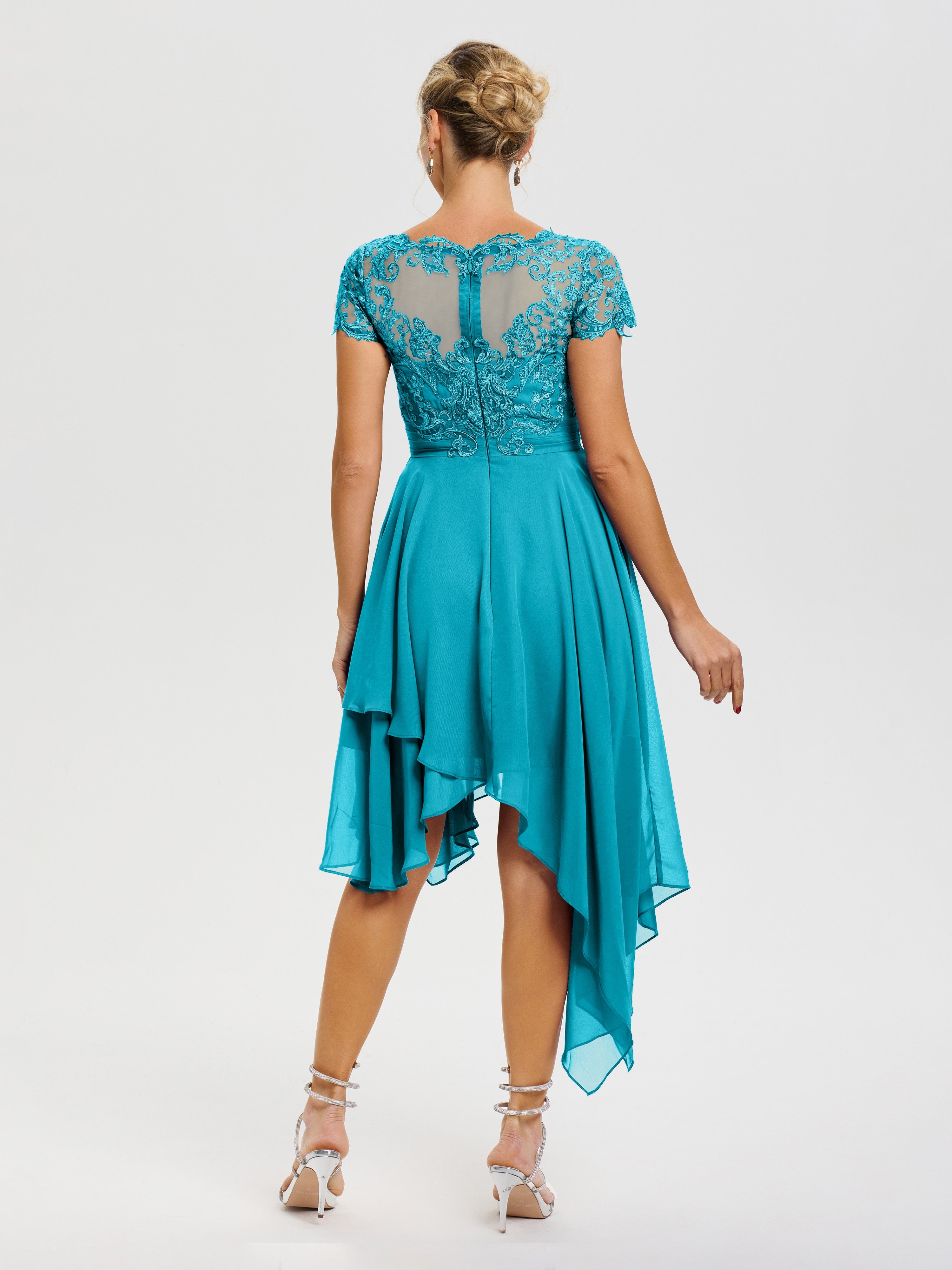 Robe Pour La Mère Du Marié Jade Col V Mousseline&Dentelle Asymétrique Robe Mère De La Mariée