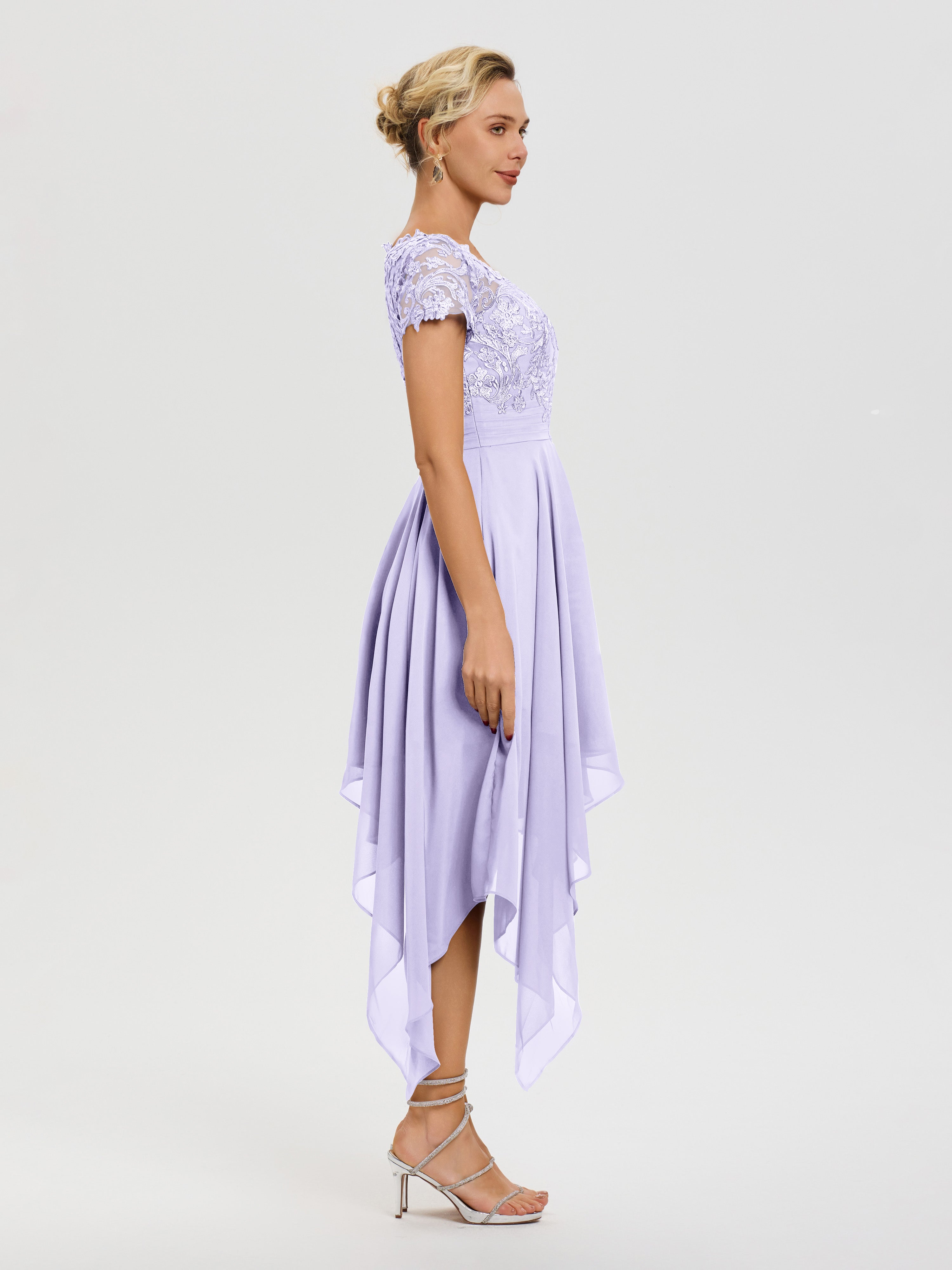 Robe Pour La Mère Du Marié Lilas Col V Mousseline&Dentelle Asymétrique Robe Mère De La Mariée