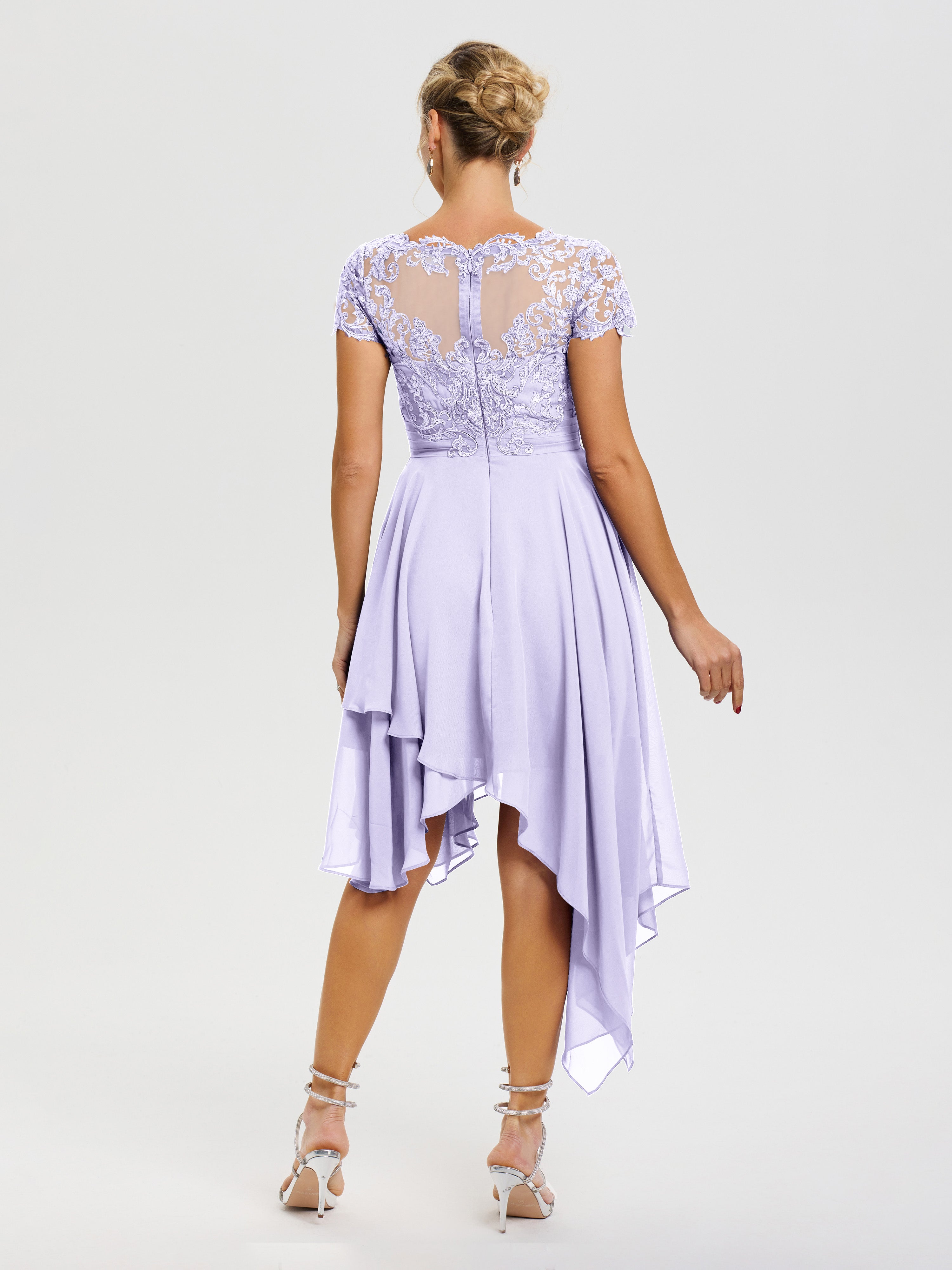 Robe Pour La Mère Du Marié Lilas Col V Mousseline&Dentelle Asymétrique Robe Mère De La Mariée
