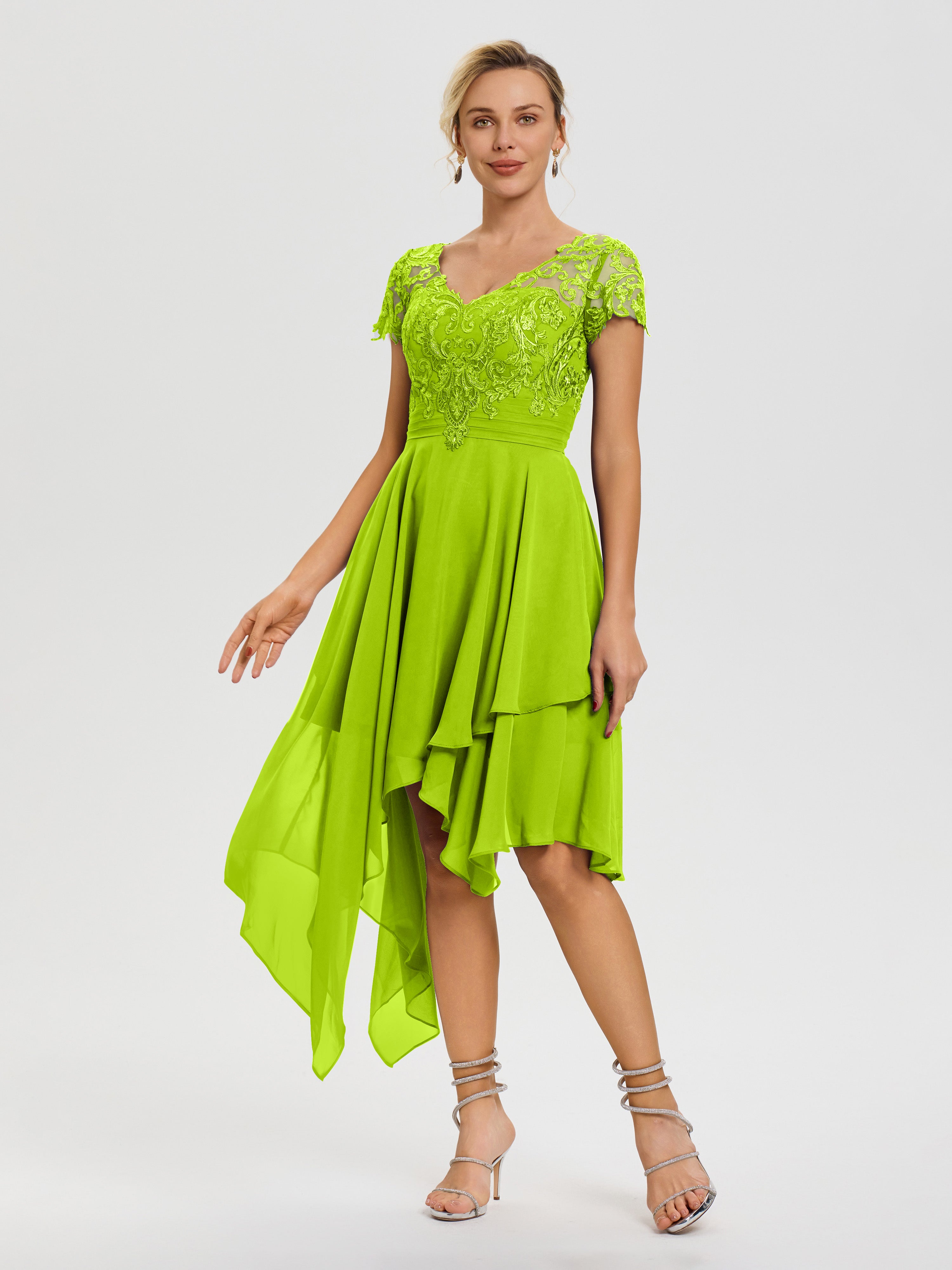 Robe Mère Mariee Vert Citron Col V Mousseline&Dentelle Asymétrique Robe Mère De La Mariée