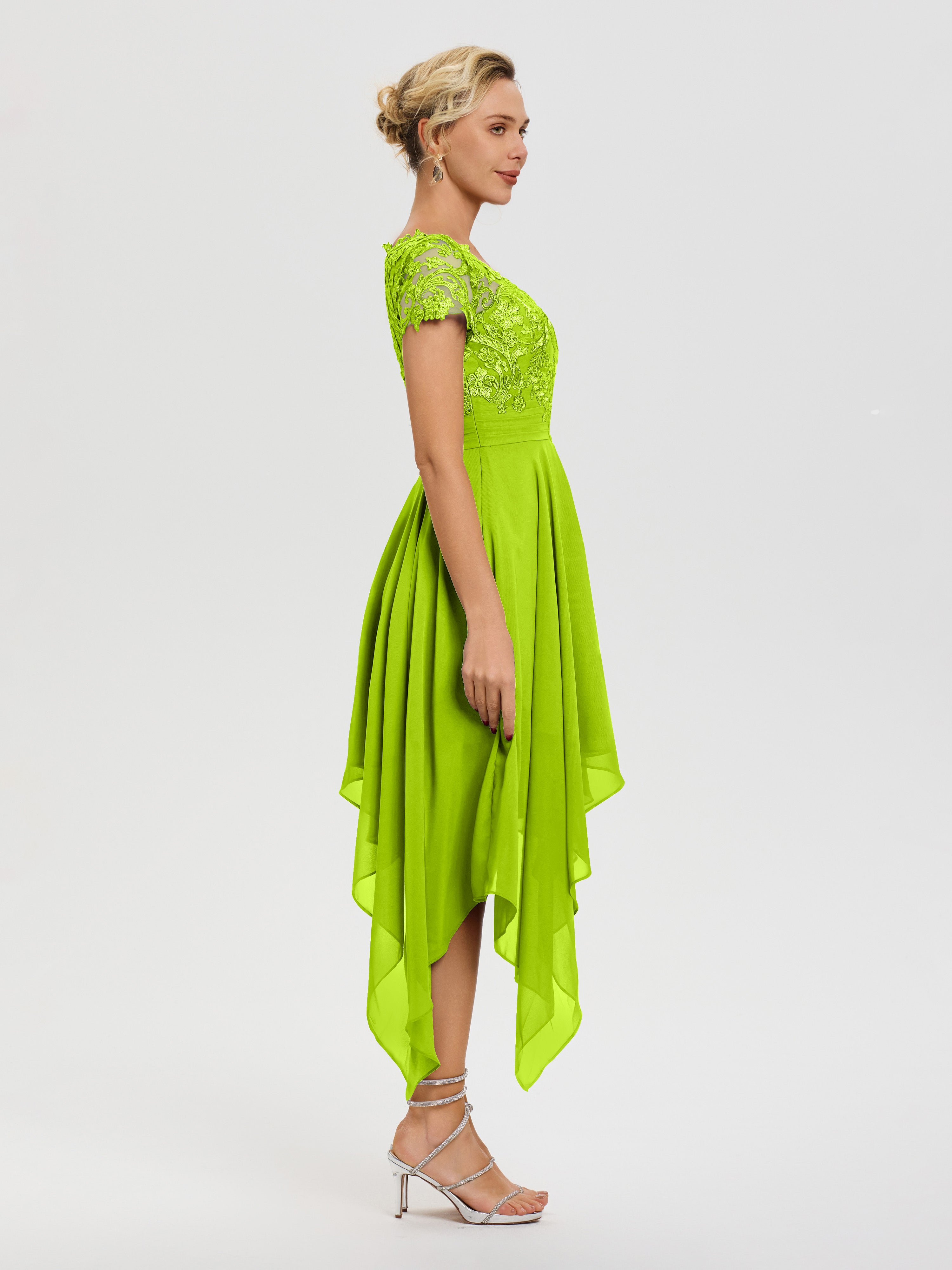 Robe Mère Mariee Vert Citron Col V Mousseline&Dentelle Asymétrique Robe Mère De La Mariée