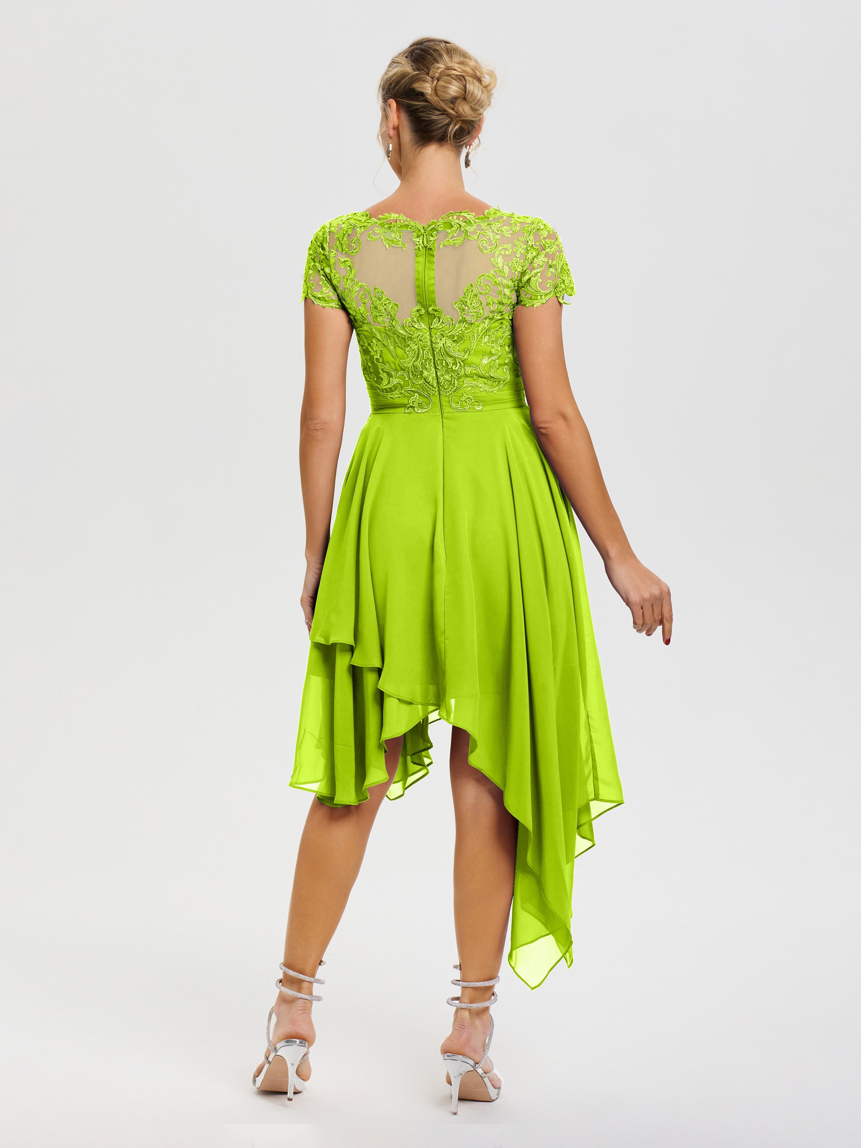 Robe Mère Mariee Vert Citron Col V Mousseline&Dentelle Asymétrique Robe Mère De La Mariée