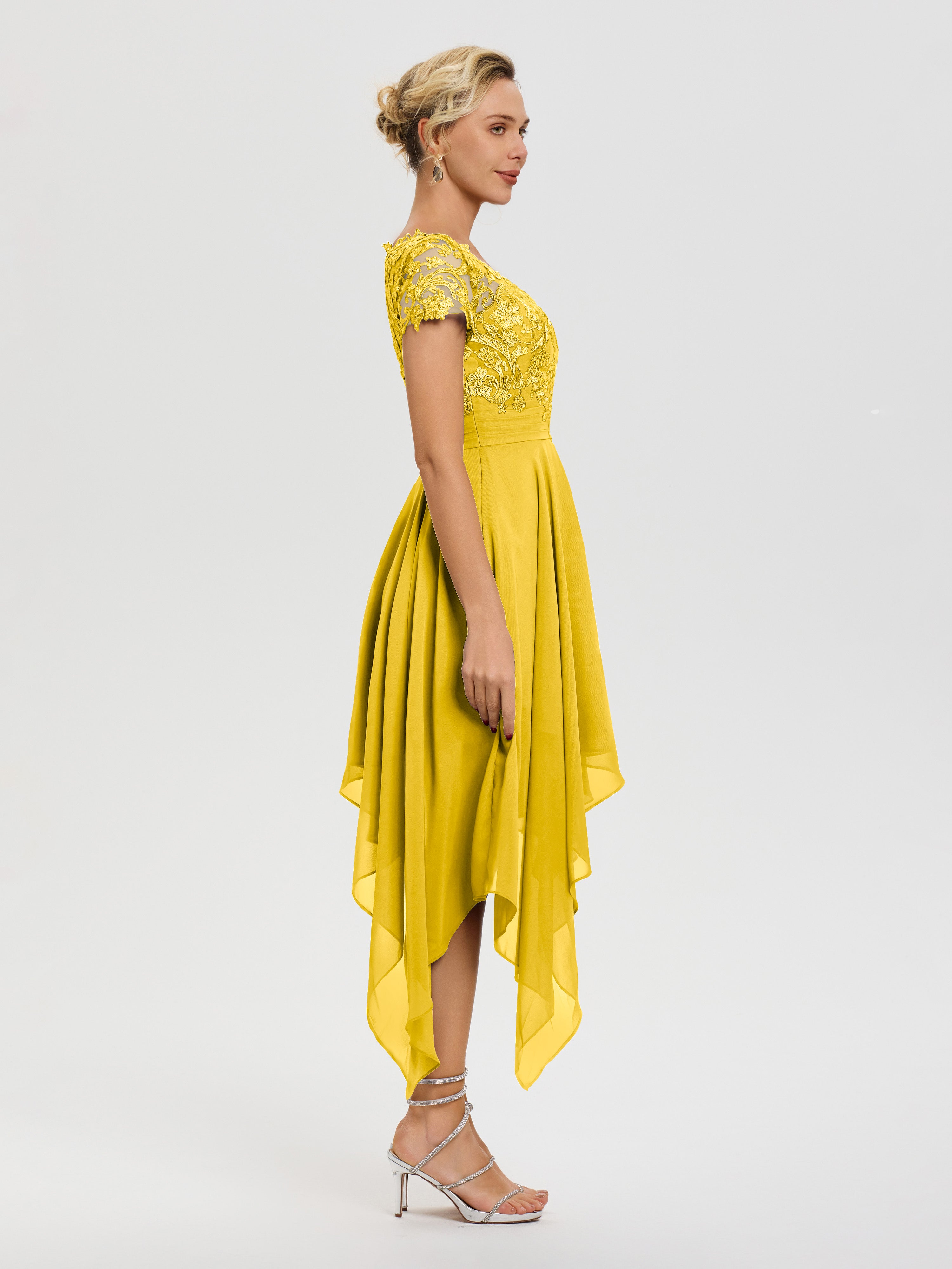 Robe Mère Mariee Souci Col V Mousseline&Dentelle Asymétrique Robe Mère De La Mariée