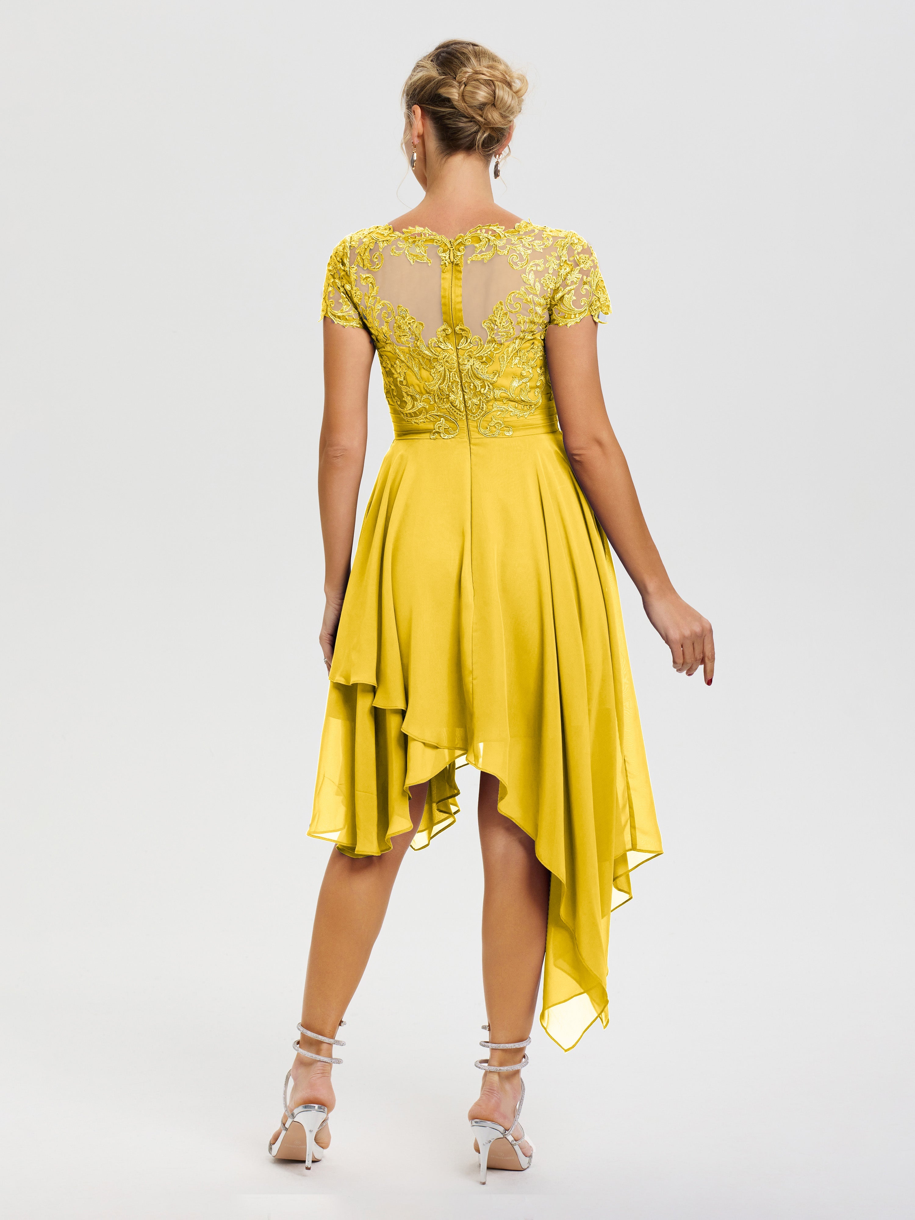 Robe Mère Mariee Souci Col V Mousseline&Dentelle Asymétrique Robe Mère De La Mariée