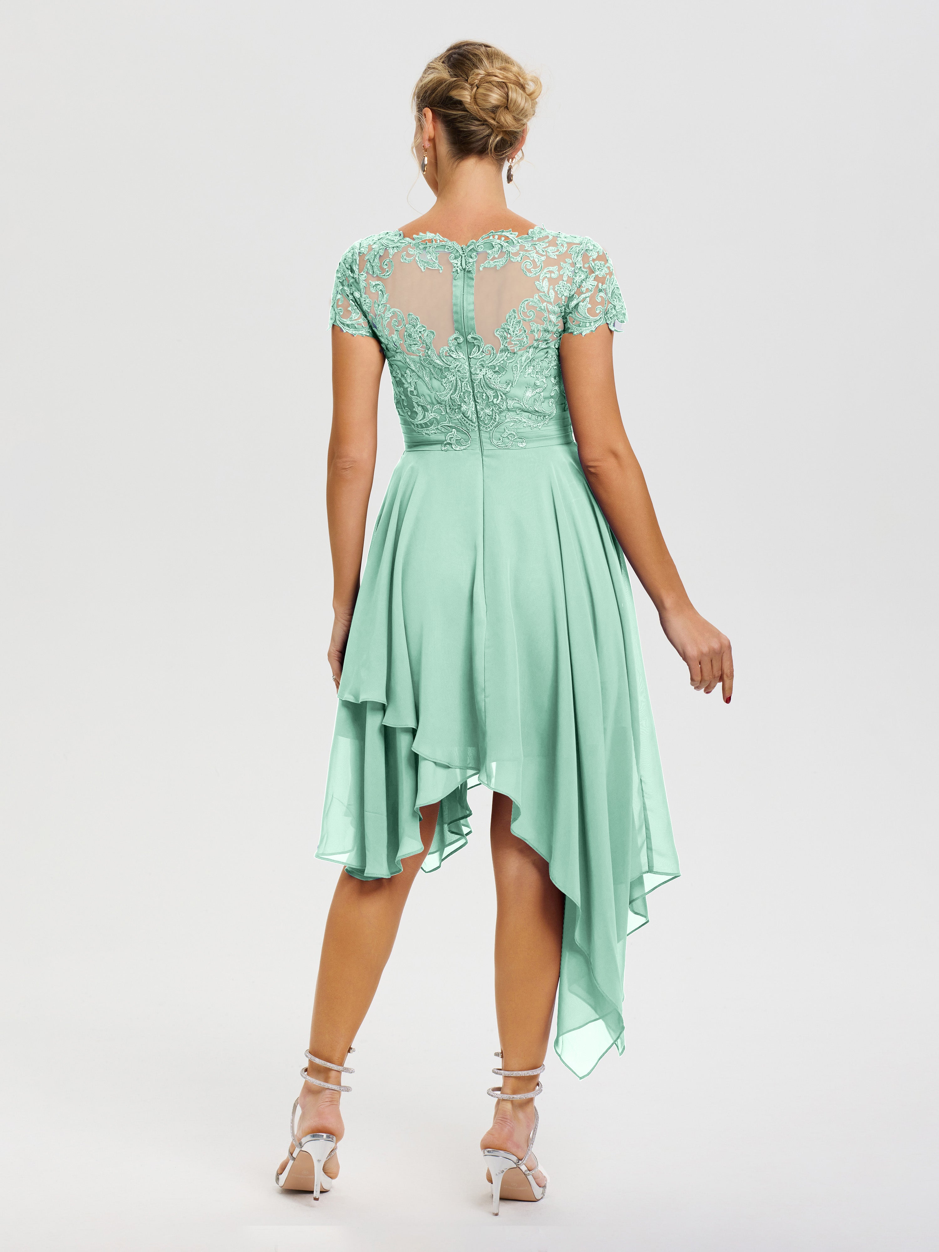 Robe Mère Mariee Vert Menthe Col V Mousseline&Dentelle Asymétrique Robe Mère De La Mariée