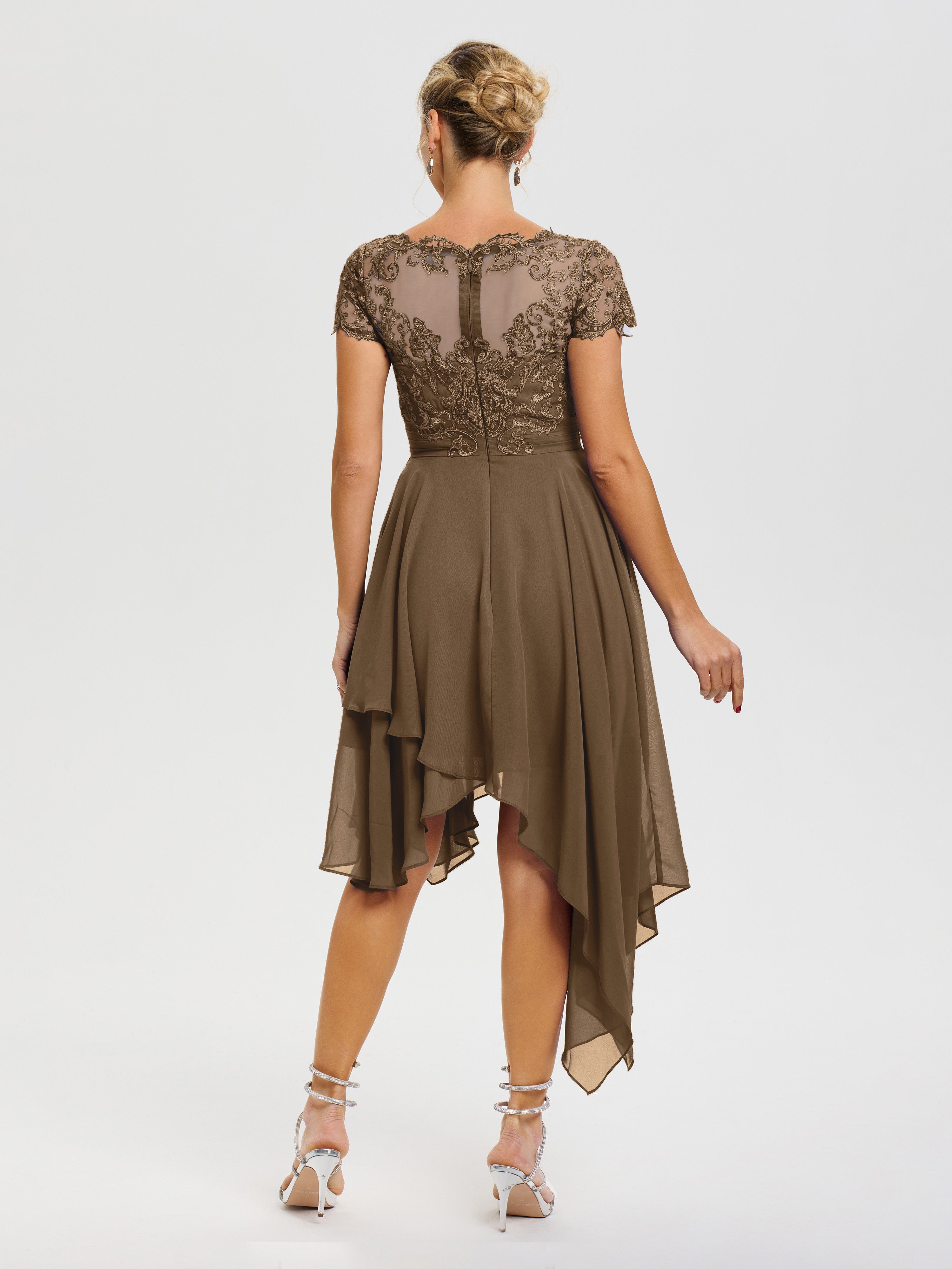 Robe De Mère De Mariée Moka Col V Mousseline&Dentelle Asymétrique Robe Mère De La Mariée