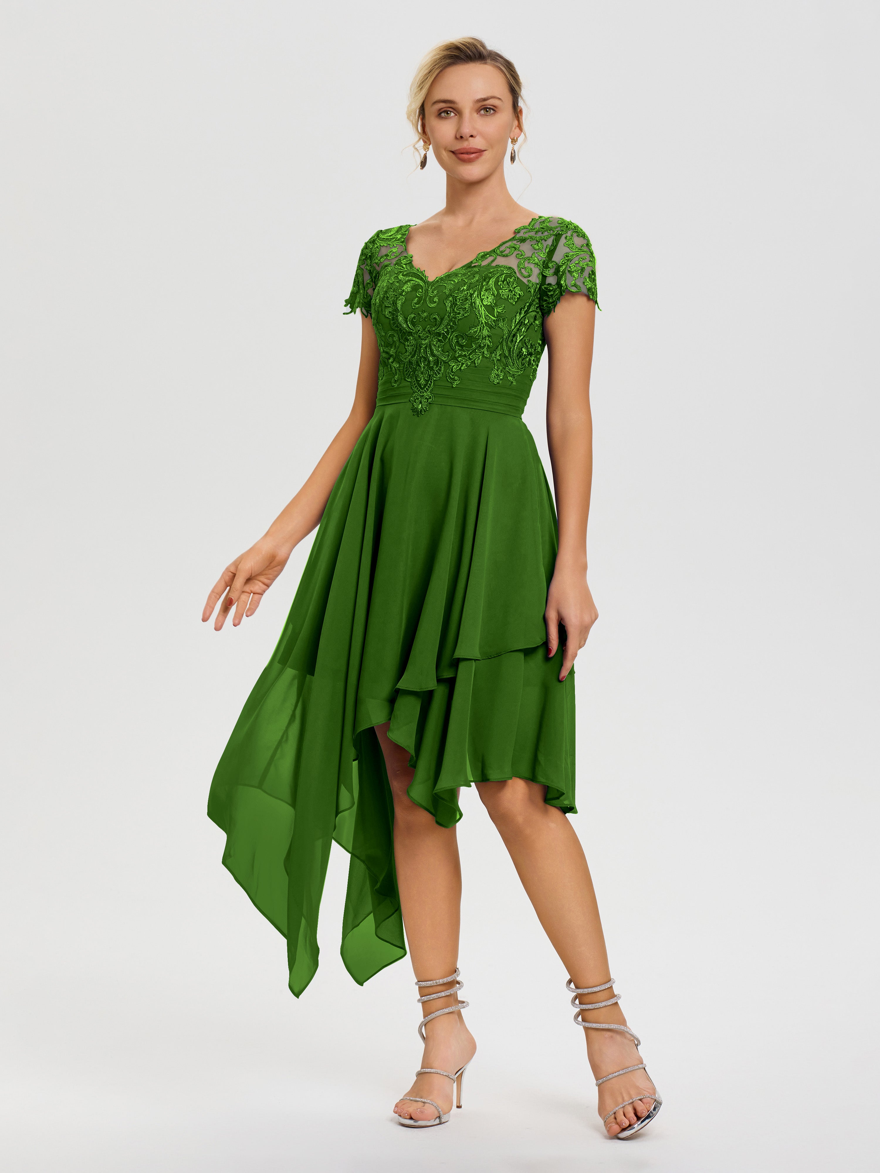 Robe De Mère De Mariée Mousse Col V Mousseline&Dentelle Asymétrique Robe Mère De La Mariée