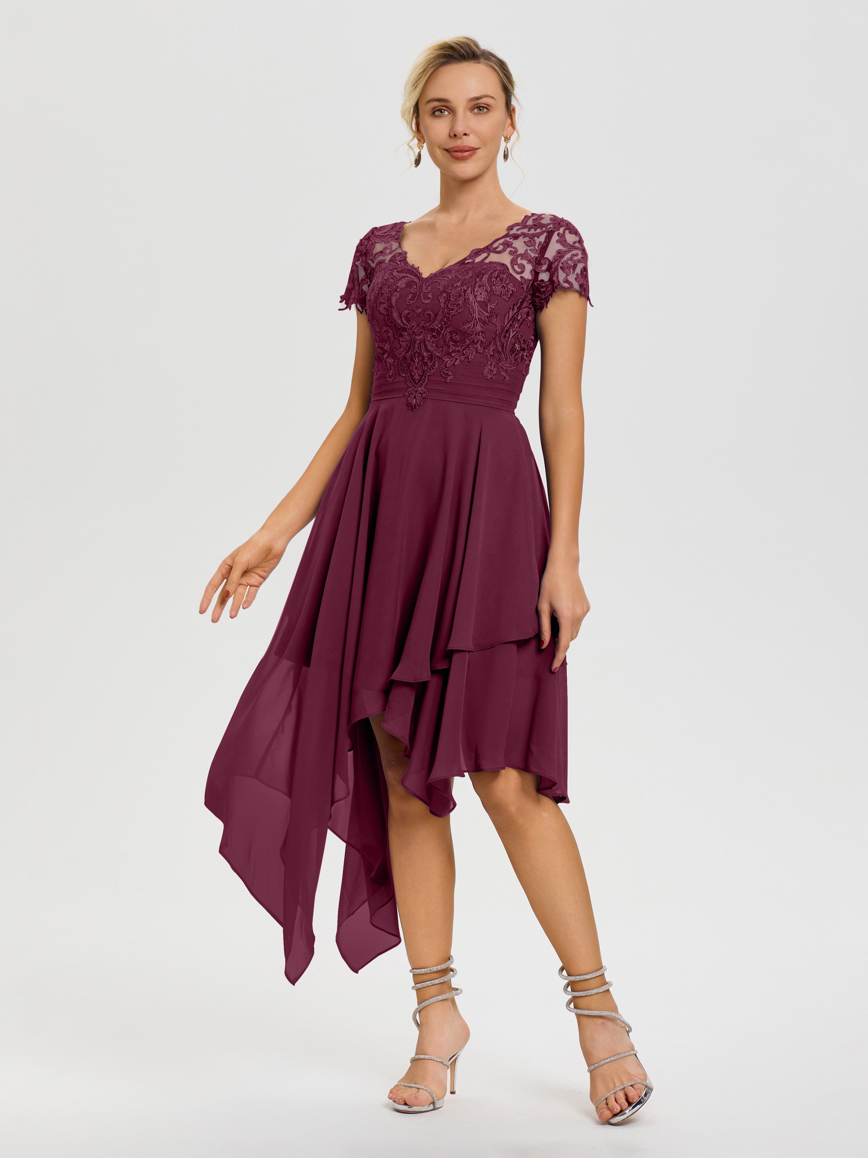 Robe Pour La Mère Du Marié Mûre Col V Mousseline&Dentelle Asymétrique Robe Mère De La Mariée