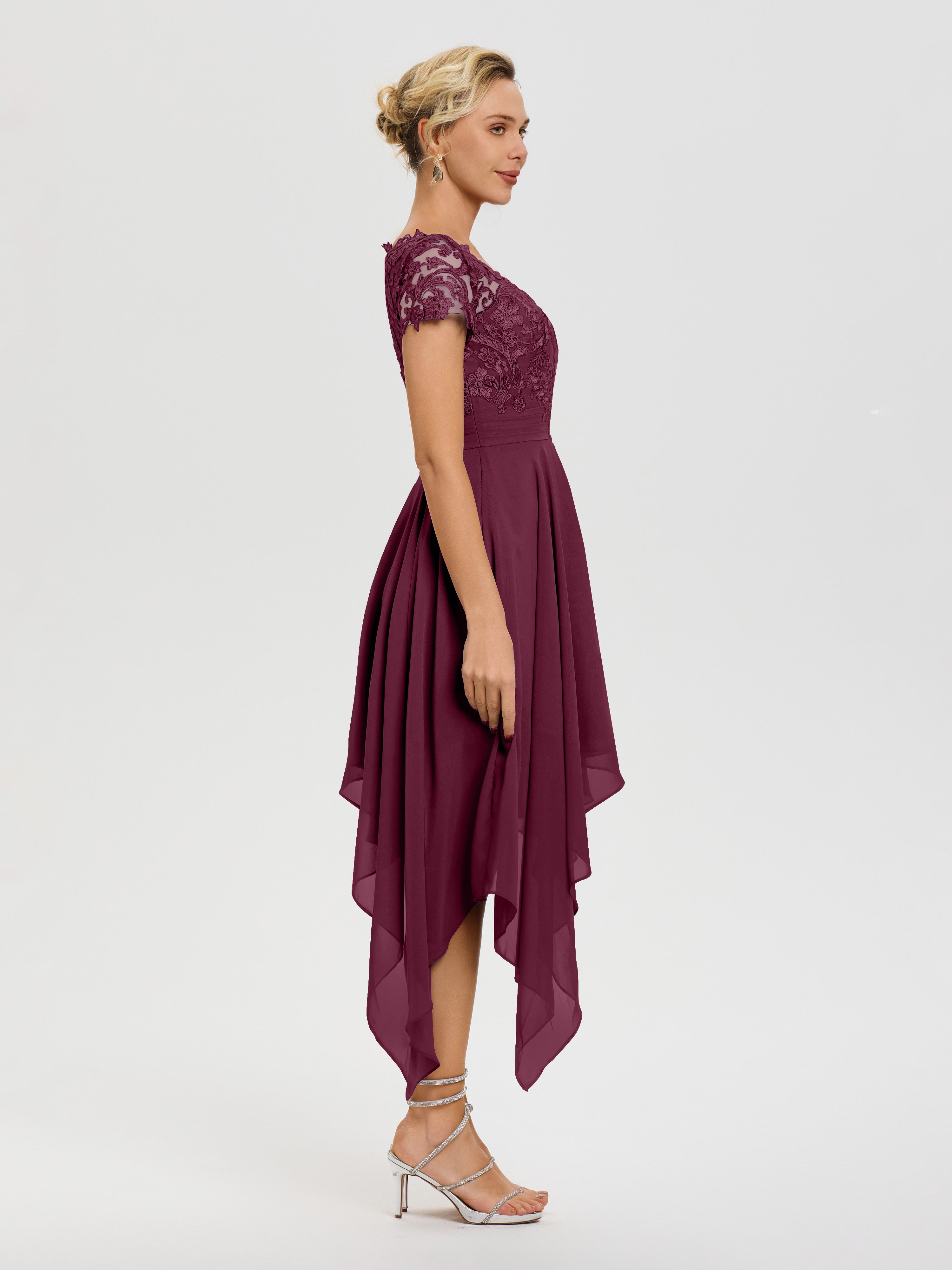 Robe Pour La Mère Du Marié Mûre Col V Mousseline&Dentelle Asymétrique Robe Mère De La Mariée