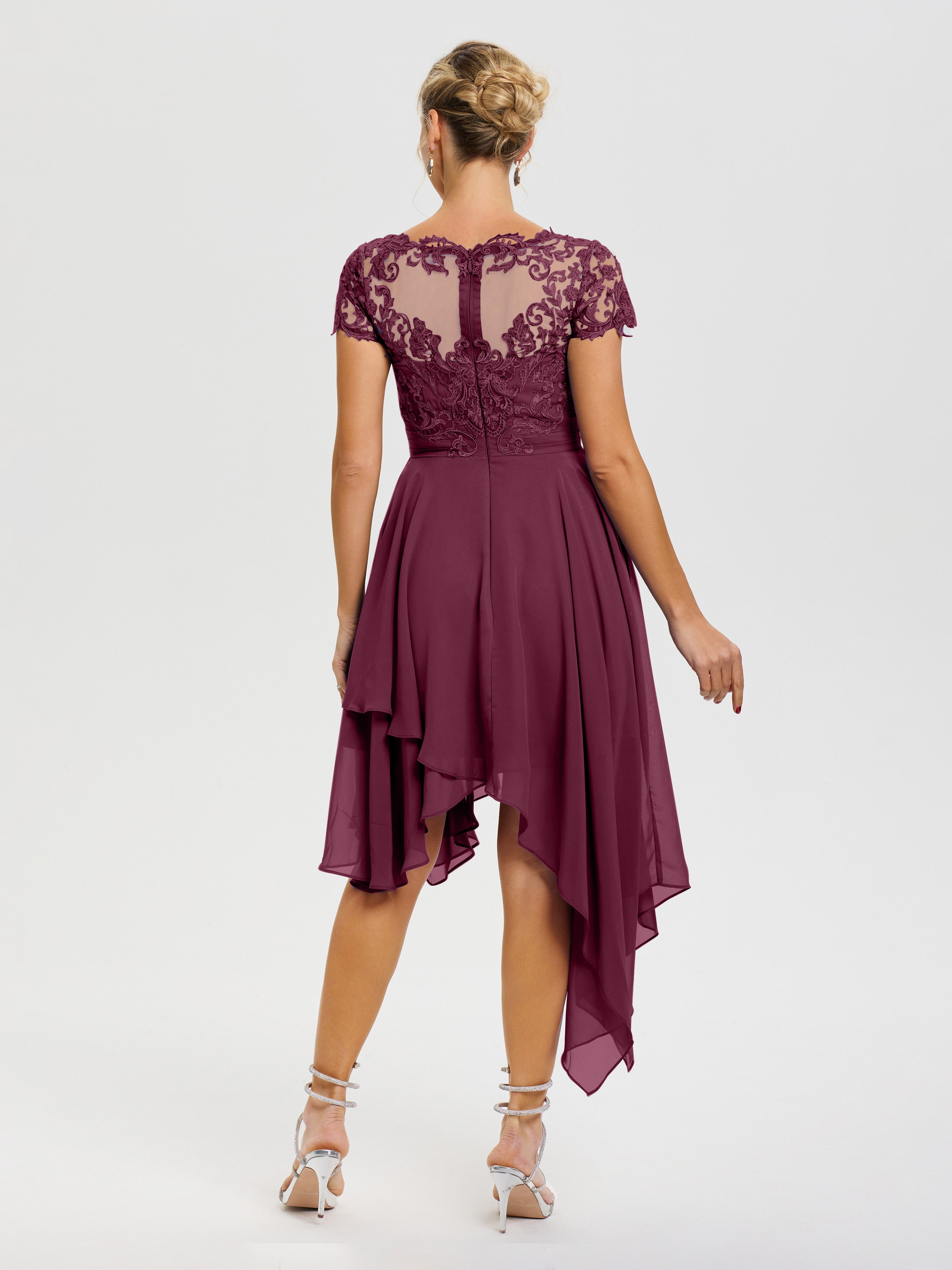 Robe Pour La Mère Du Marié Mûre Col V Mousseline&Dentelle Asymétrique Robe Mère De La Mariée