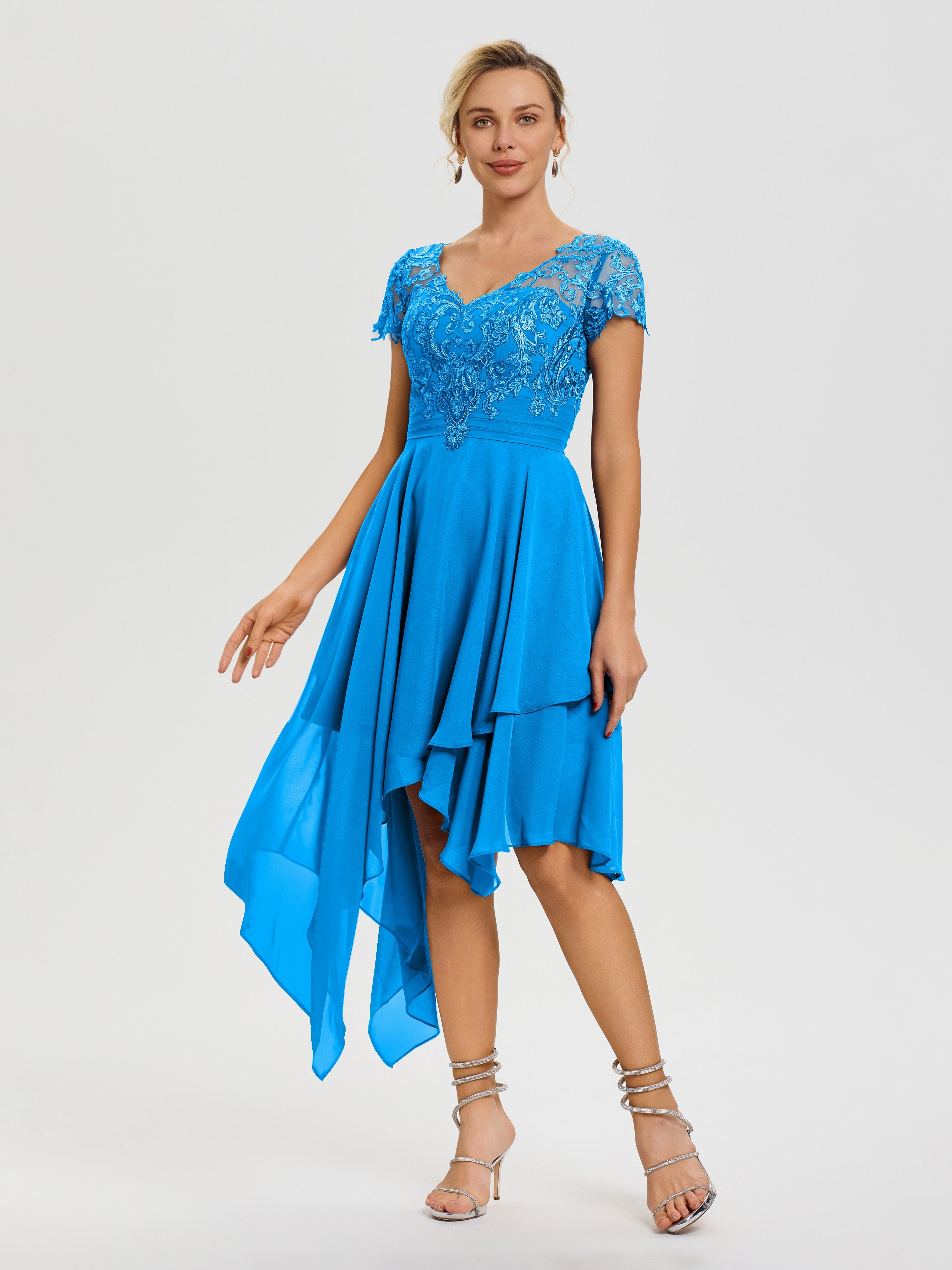 Robe Mère De Mariée Bleu Océan Col V Mousseline&Dentelle Asymétrique Robe Mère De La Mariée