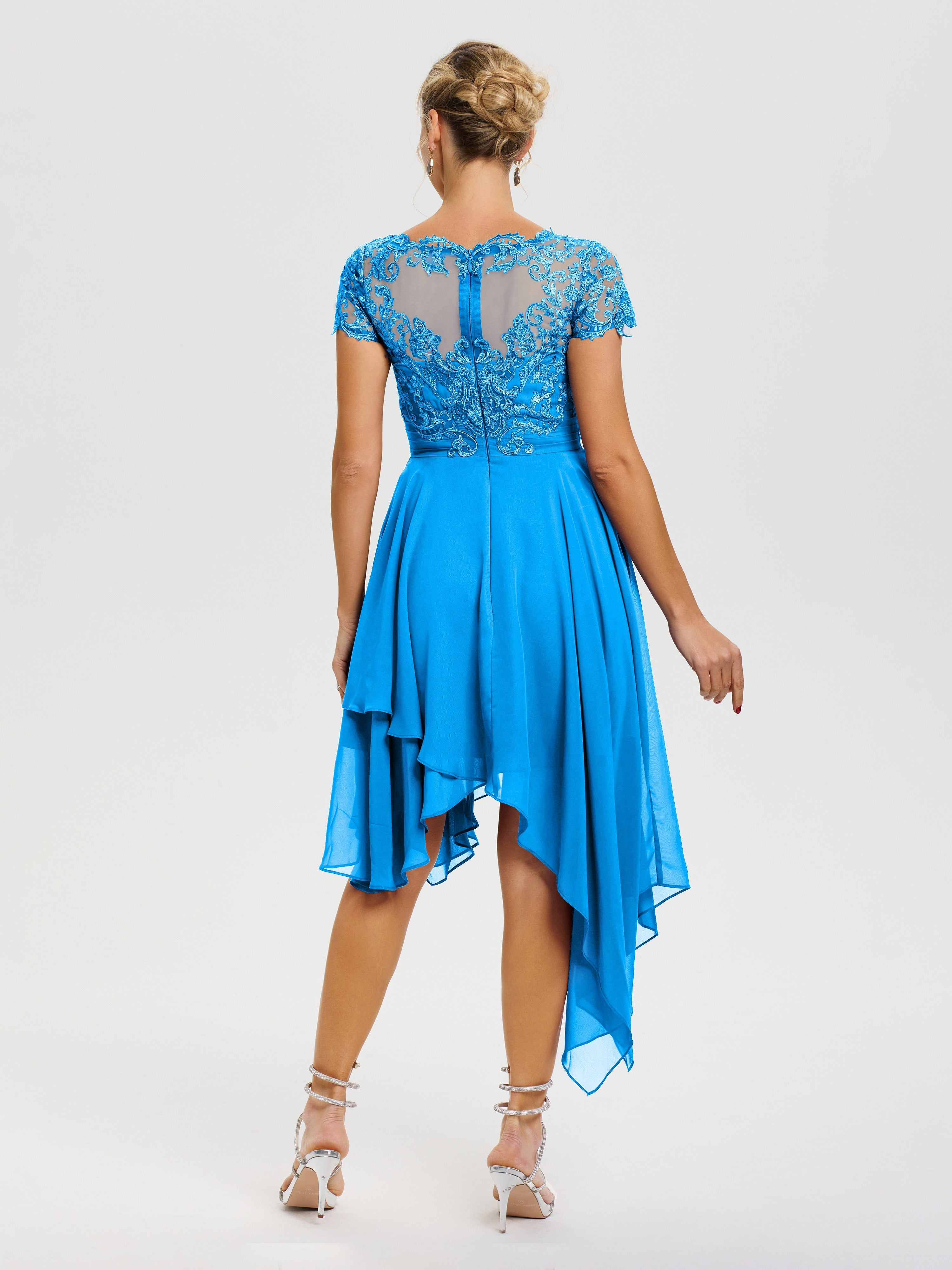 Robe Mère De Mariée Bleu Océan Col V Mousseline&Dentelle Asymétrique Robe Mère De La Mariée