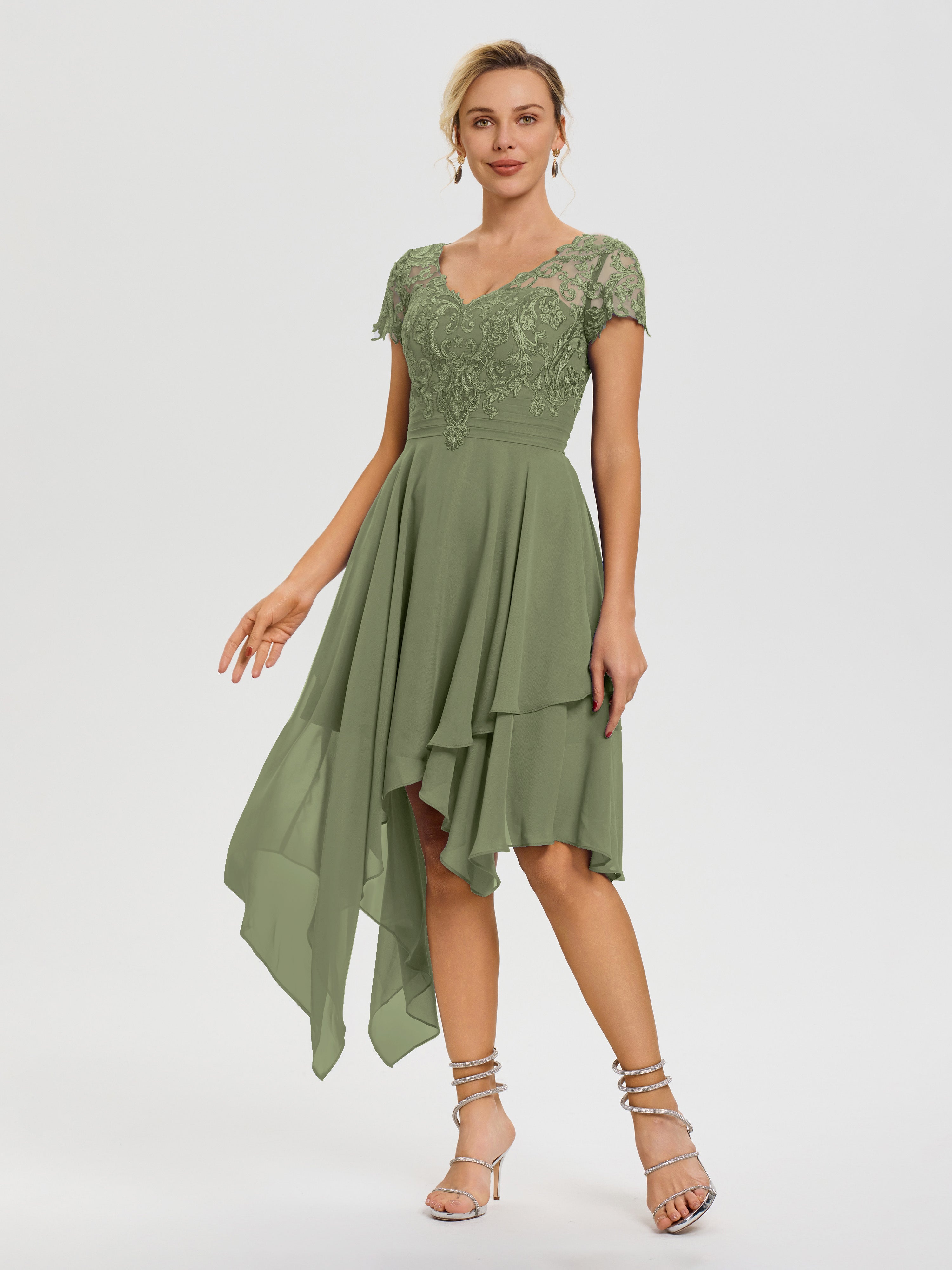 Robe Mère Mariee Vert Olive Col V Mousseline&Dentelle Asymétrique Robe Mère De La Mariée