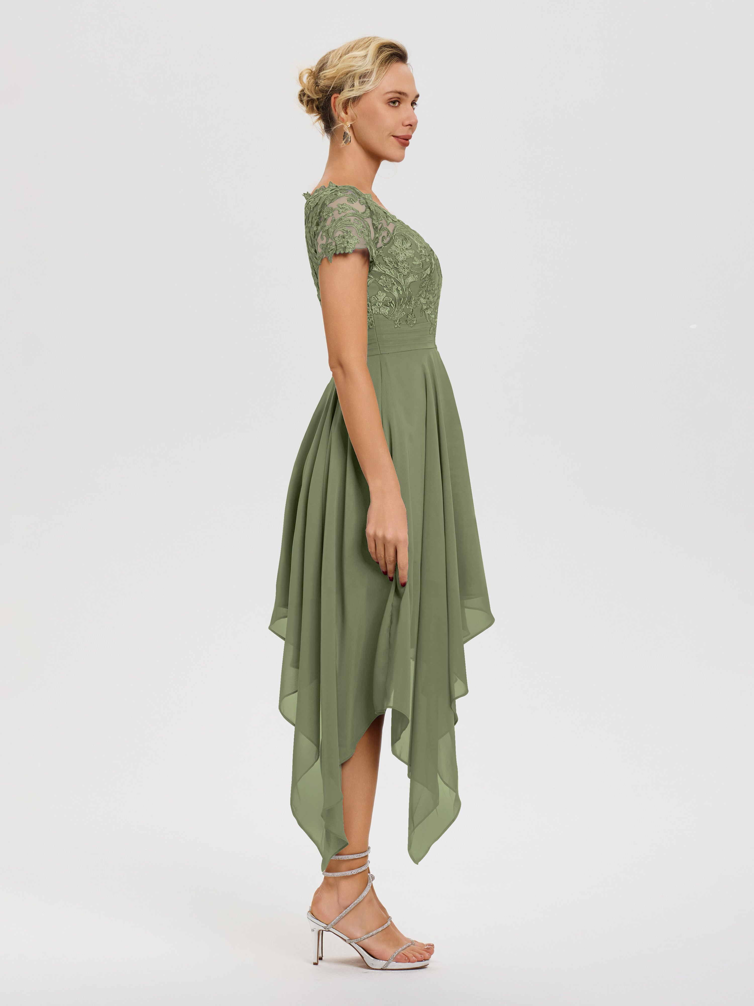 Robe Mère Mariee Vert Olive Col V Mousseline&Dentelle Asymétrique Robe Mère De La Mariée