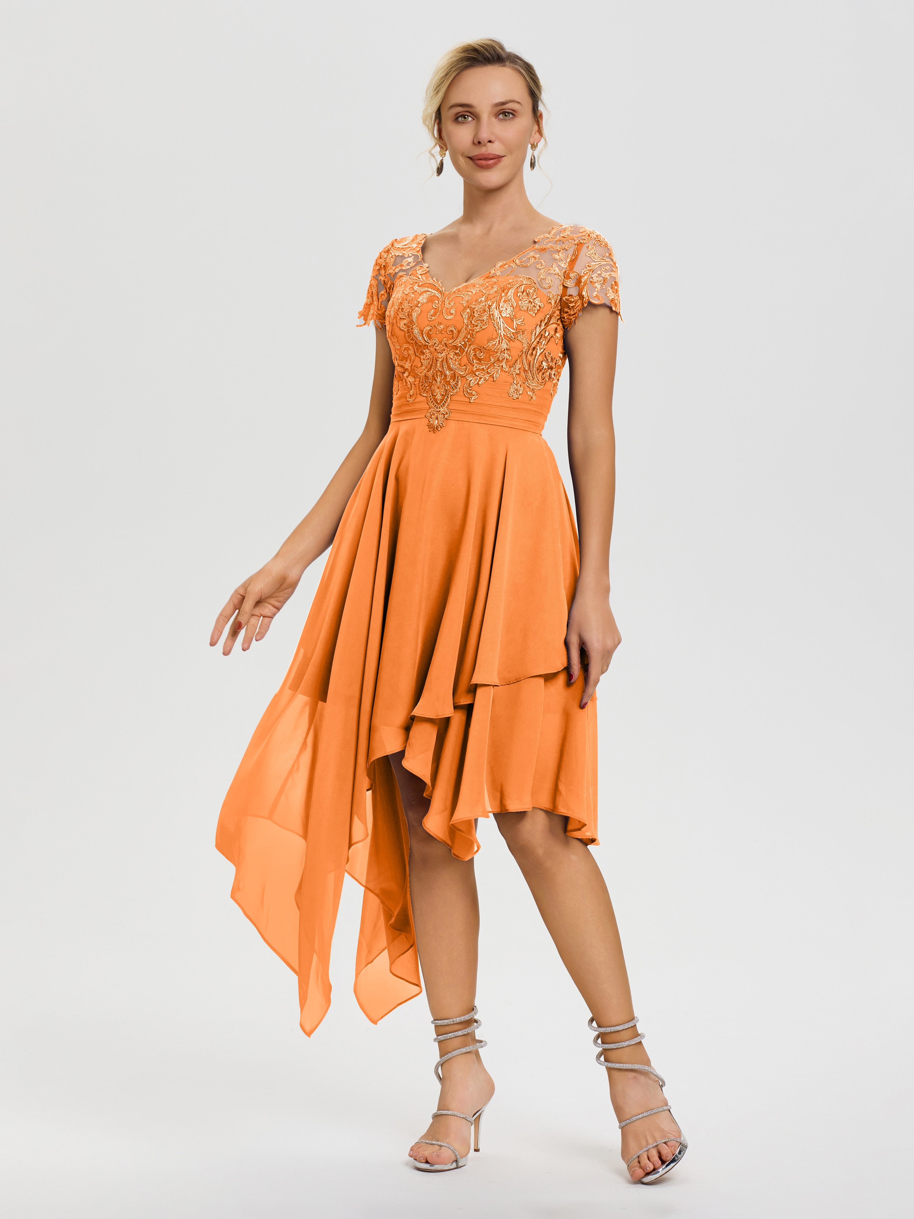 Robe Pour La Mère Du Marié Orange Col V Mousseline&Dentelle Asymétrique Robe Mère De La Mariée