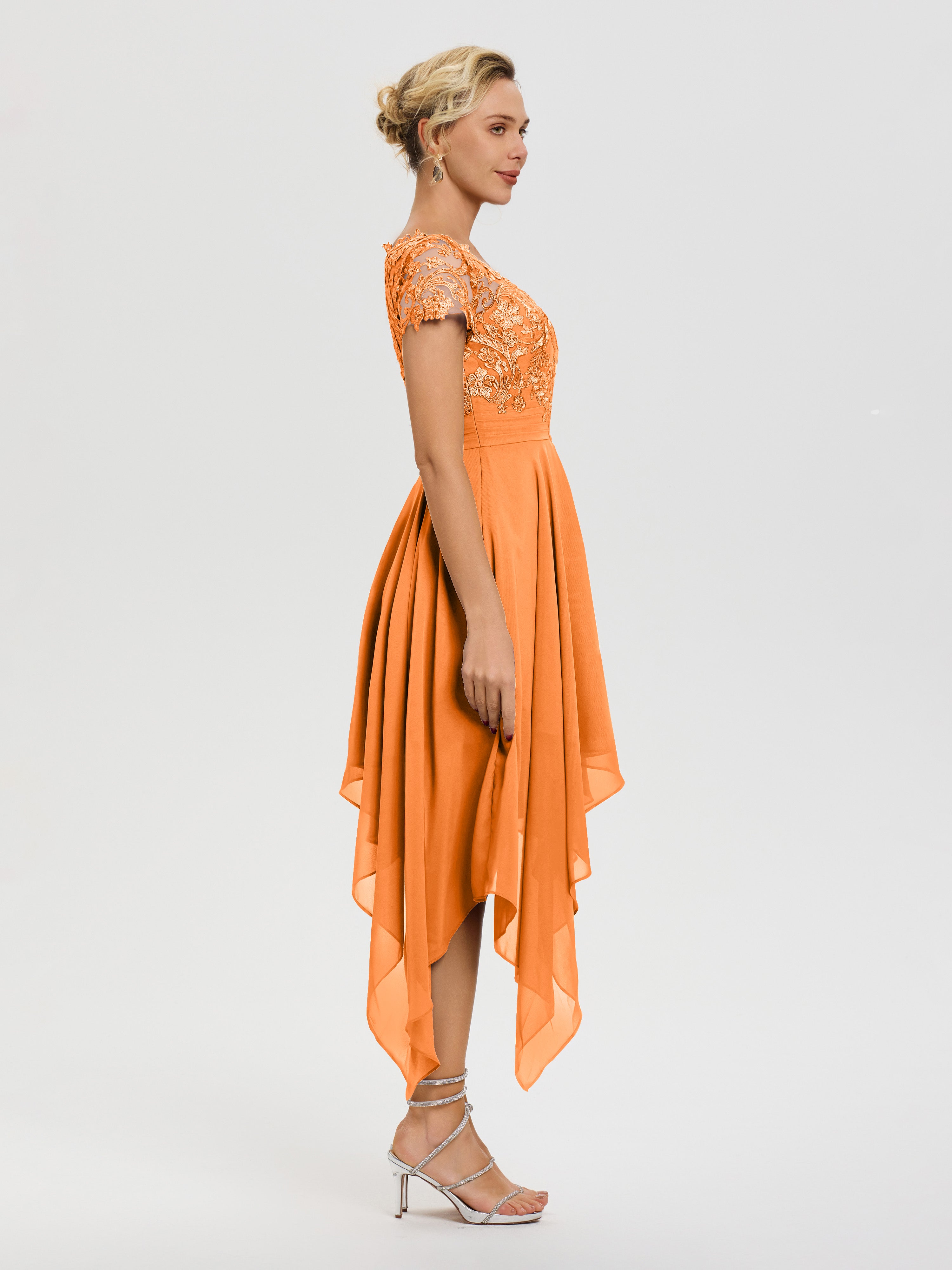 Robe Pour La Mère Du Marié Orange Col V Mousseline&Dentelle Asymétrique Robe Mère De La Mariée