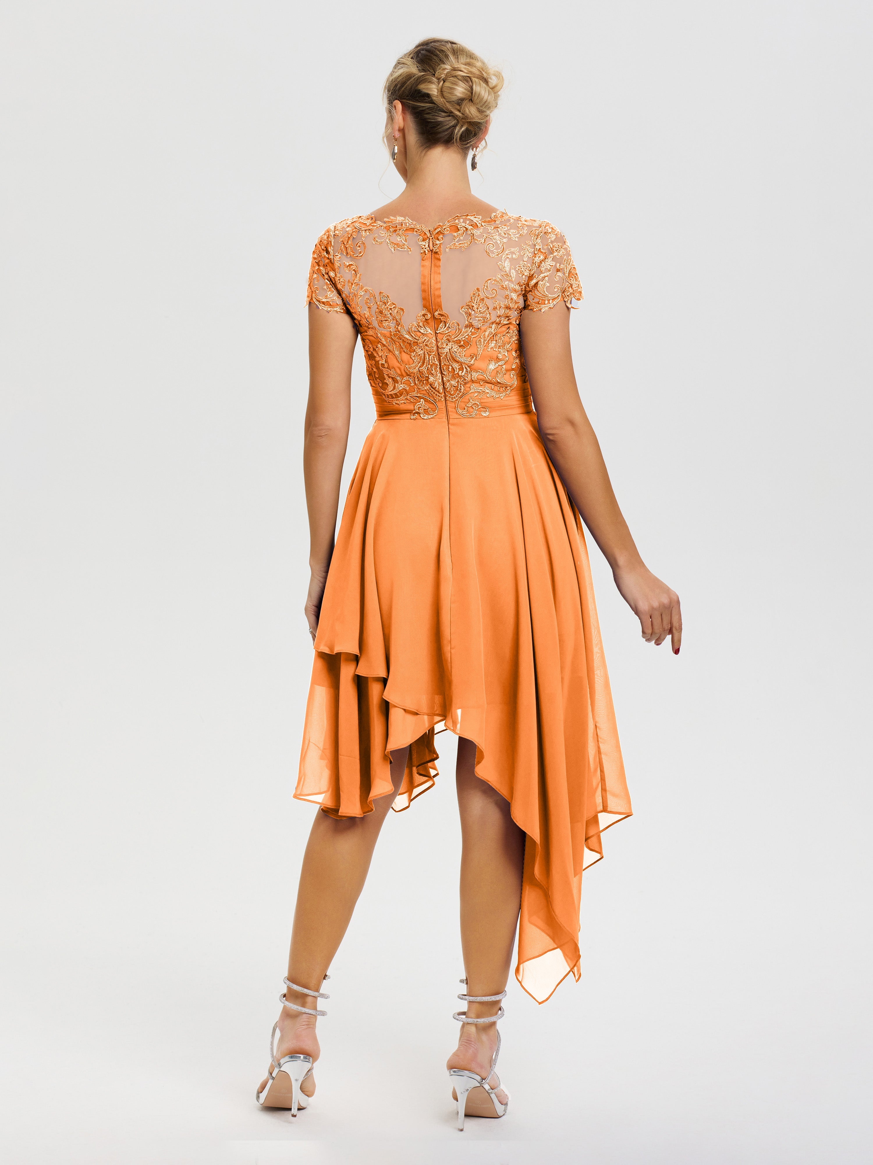 Robe Pour La Mère Du Marié Orange Col V Mousseline&Dentelle Asymétrique Robe Mère De La Mariée