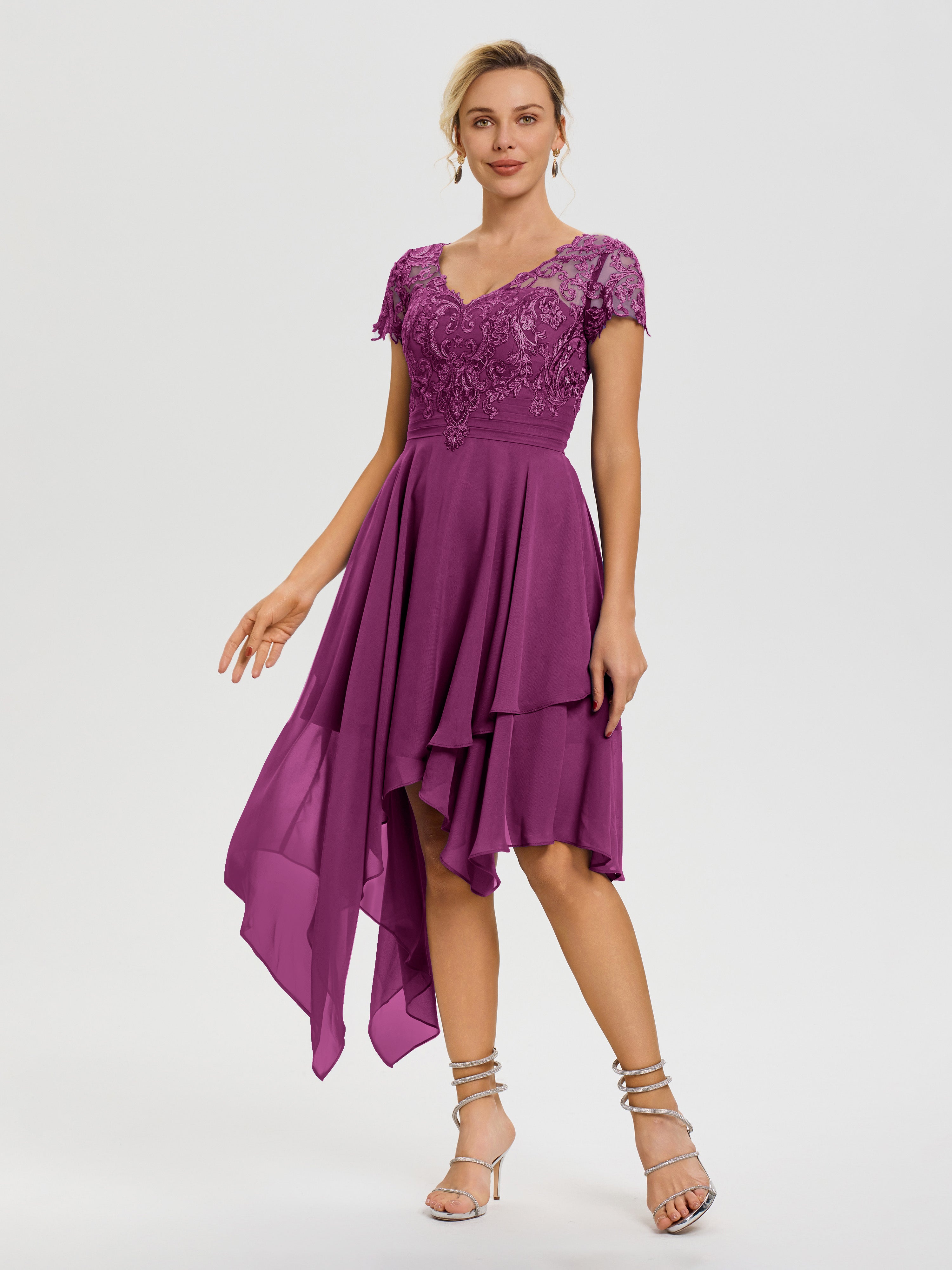 Robe De Mère De La Mariée Orchidée Col V Mousseline&Dentelle Asymétrique Robe Mère De La Mariée