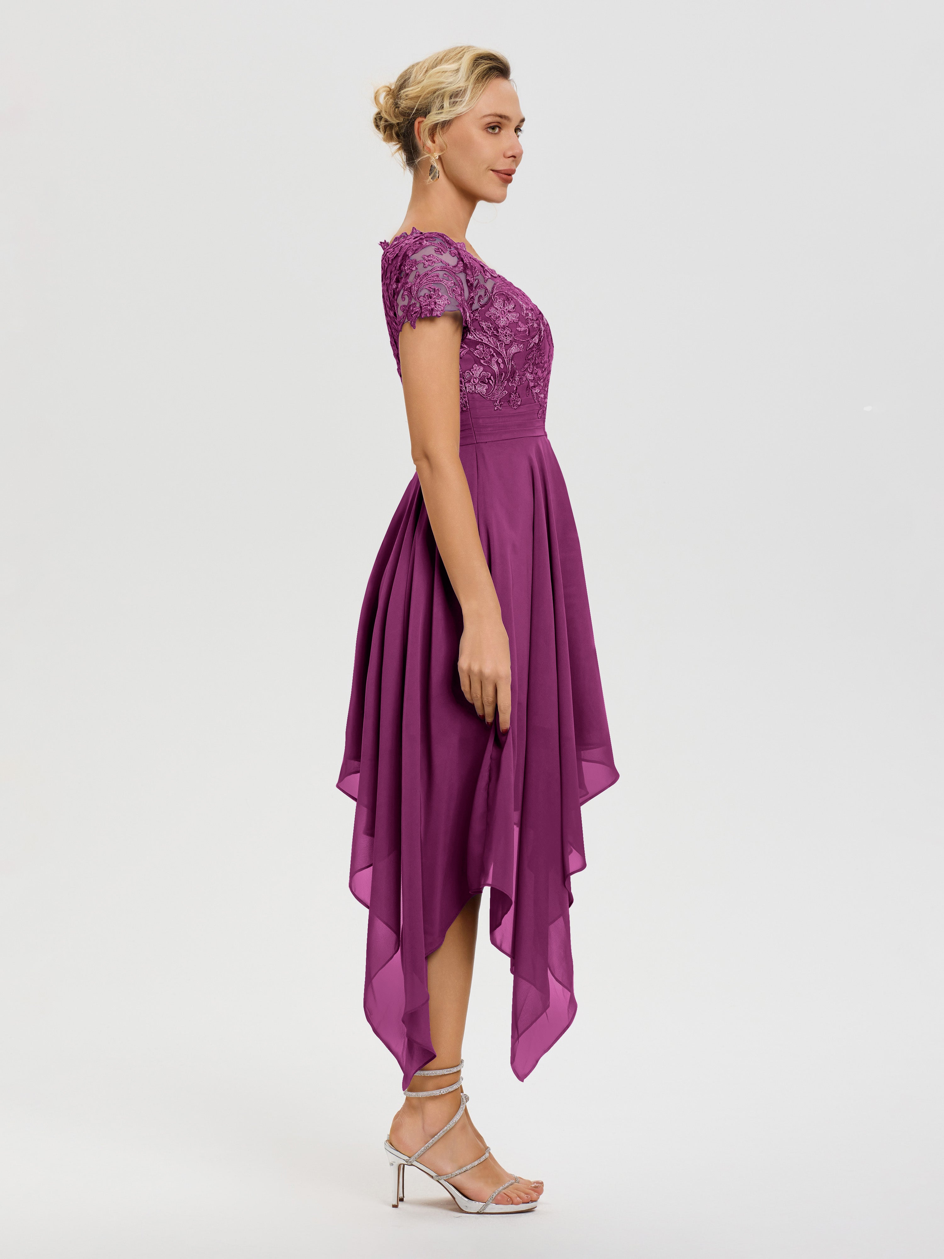 Robe De Mère De La Mariée Orchidée Col V Mousseline&Dentelle Asymétrique Robe Mère De La Mariée