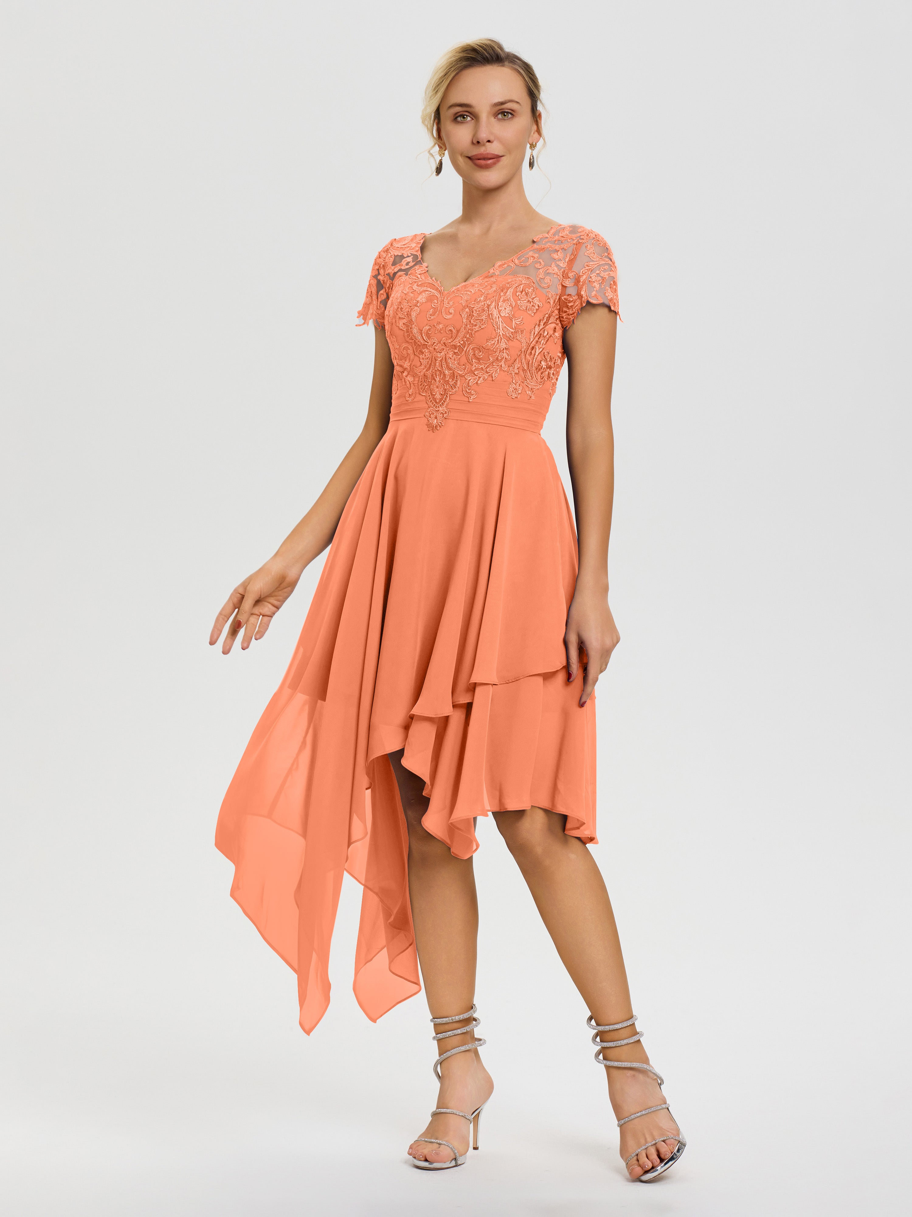 Robe De Mère De La Mariée Papaye Col V Mousseline&Dentelle Asymétrique Robe Mère De La Mariée