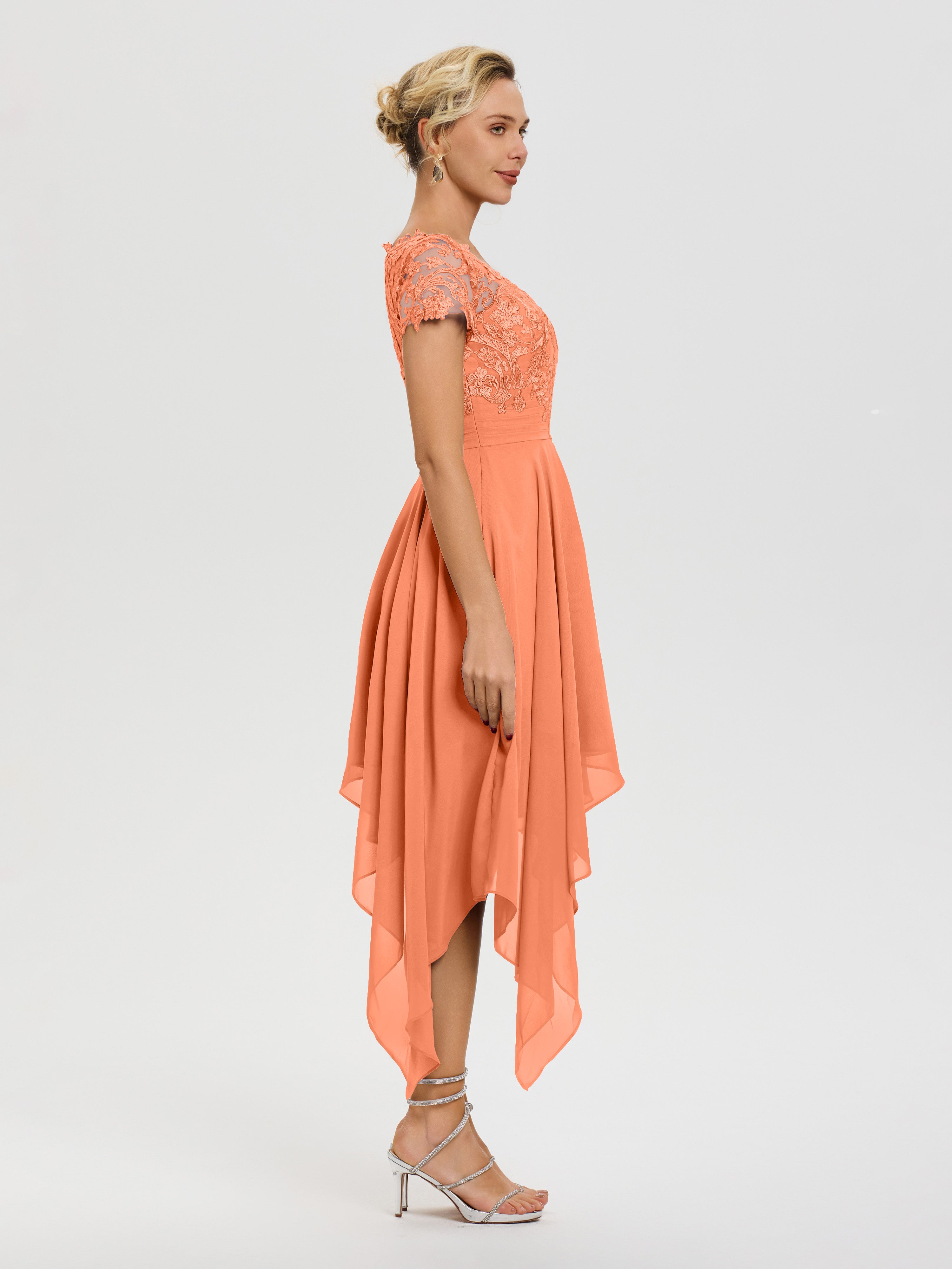 Robe De Mère De La Mariée Papaye Col V Mousseline&Dentelle Asymétrique Robe Mère De La Mariée