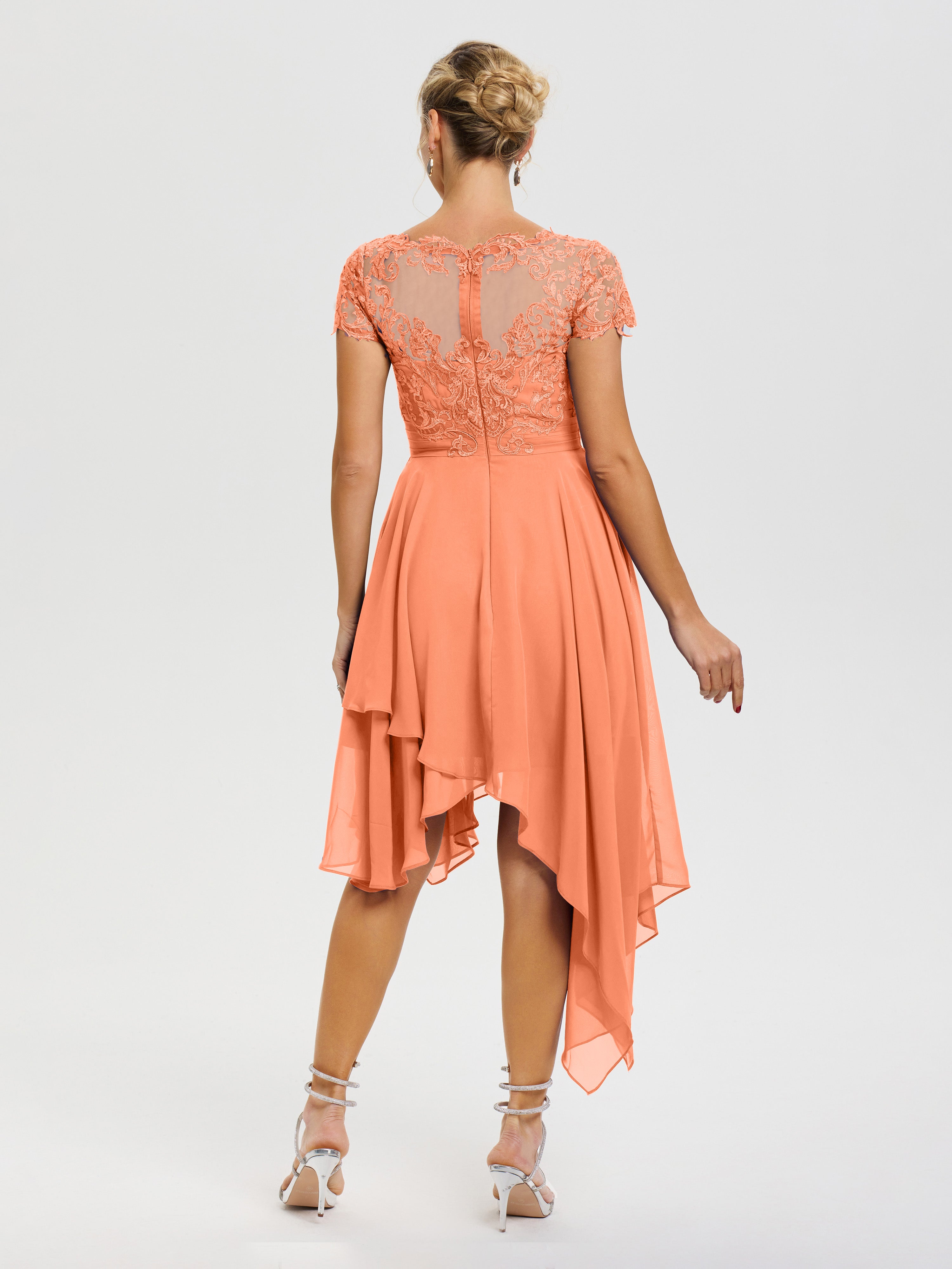 Robe De Mère De La Mariée Papaye Col V Mousseline&Dentelle Asymétrique Robe Mère De La Mariée