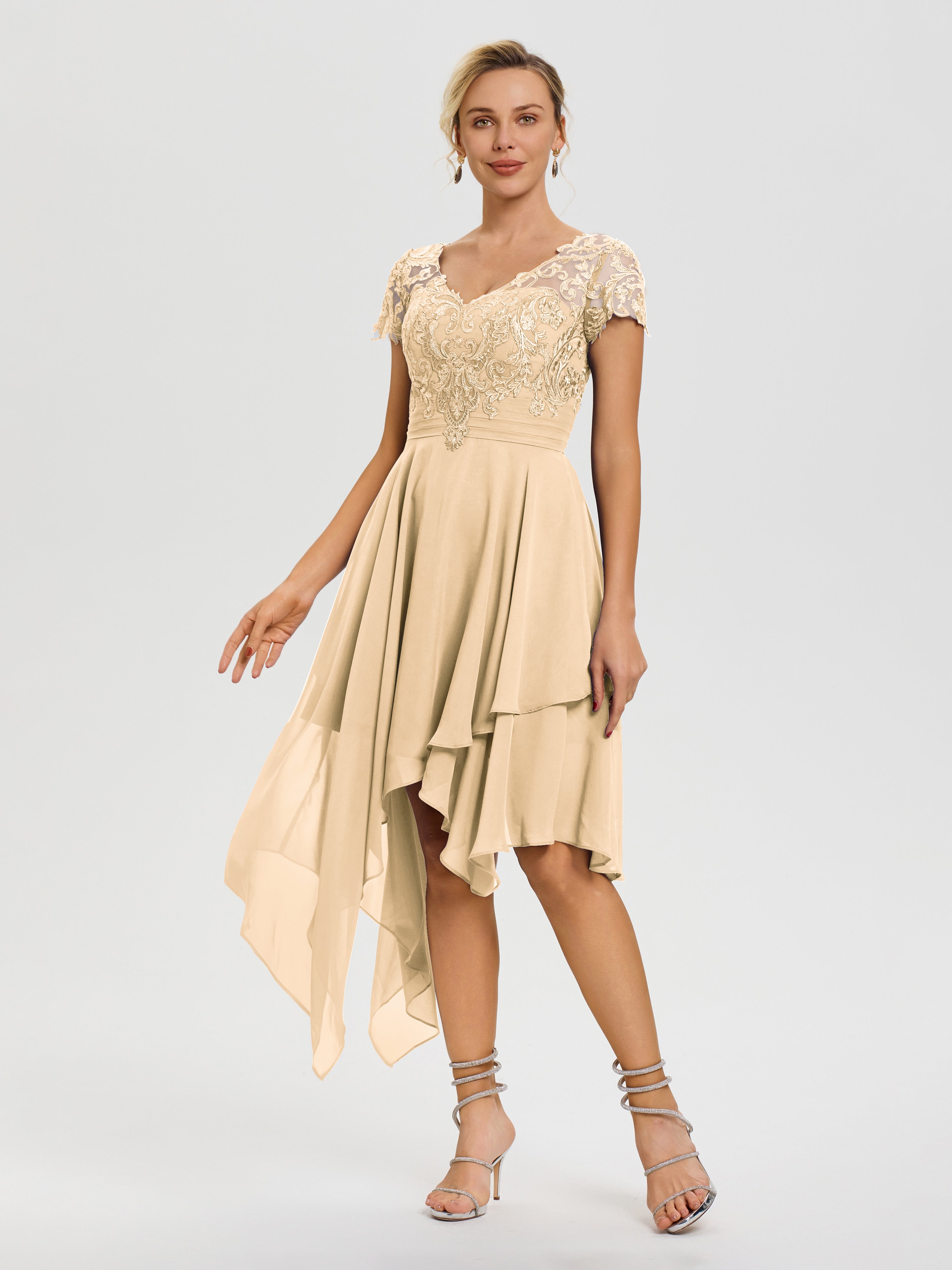 Robe Mère De La Mariee Pêche Col V Mousseline&Dentelle Asymétrique Robe Mère De La Mariée