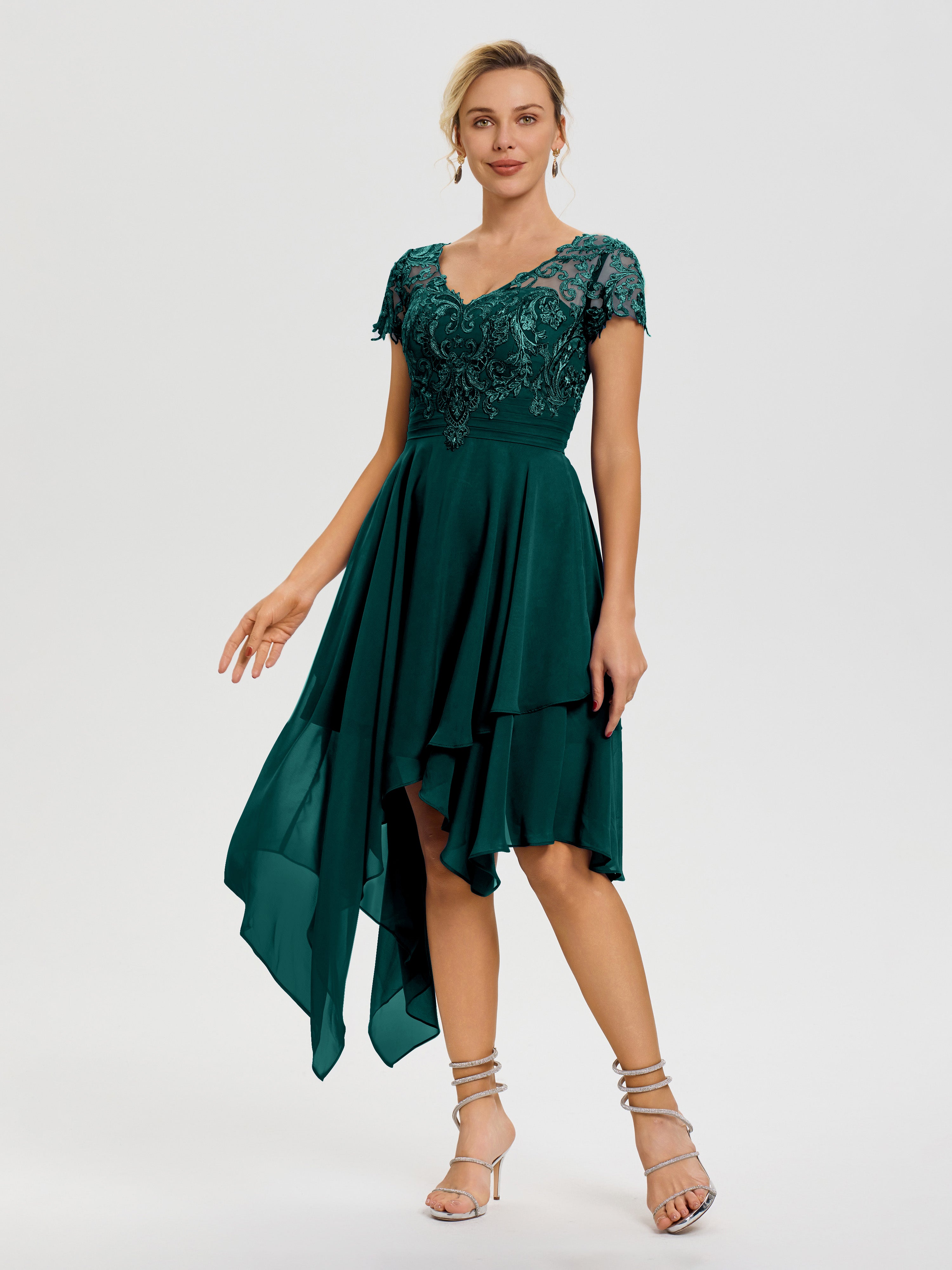 Robe De Mère De La Mariée Paon Col V Mousseline&Dentelle Asymétrique Robe Mère De La Mariée