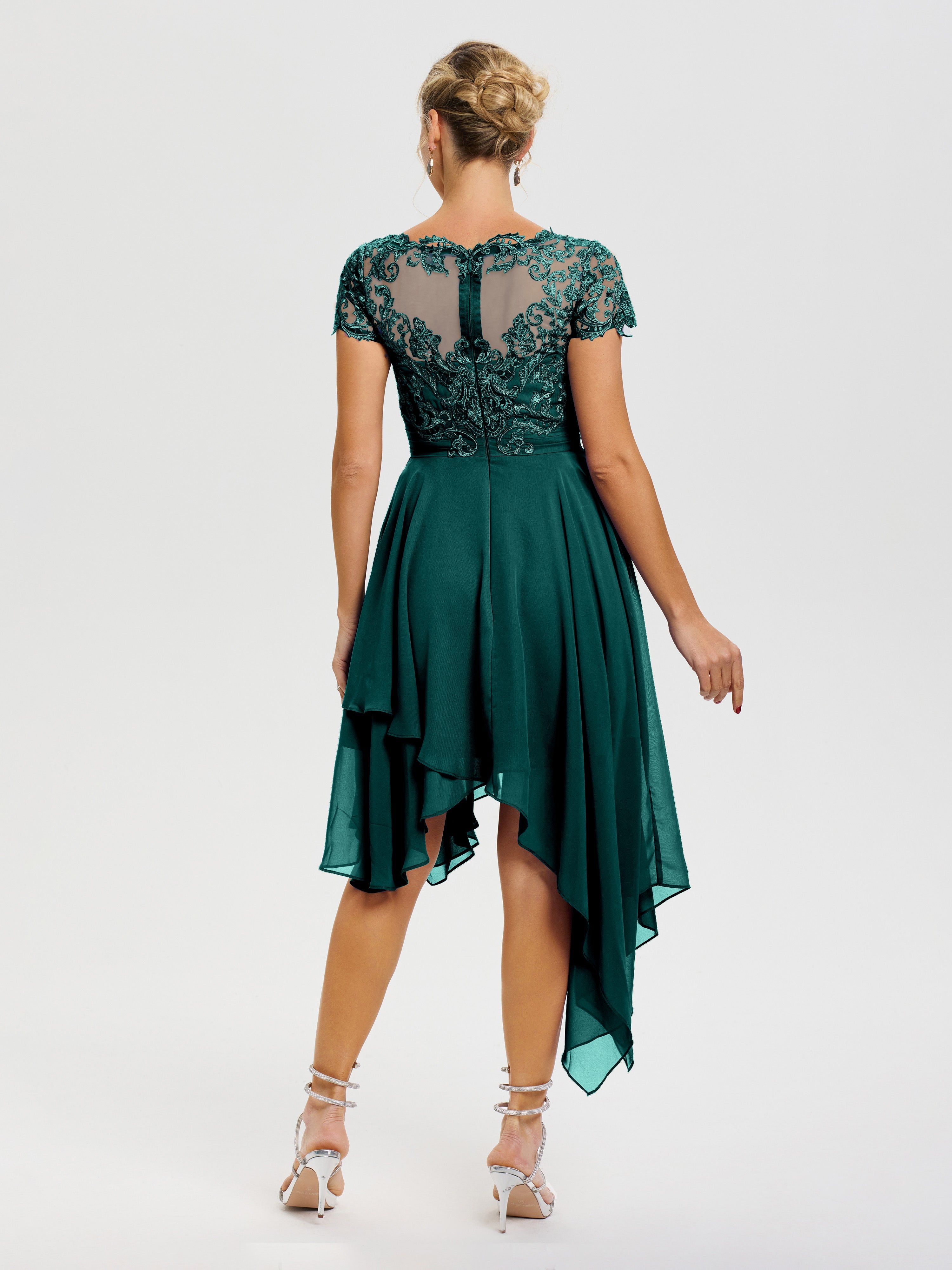 Robe De Mère De La Mariée Paon Col V Mousseline&Dentelle Asymétrique Robe Mère De La Mariée