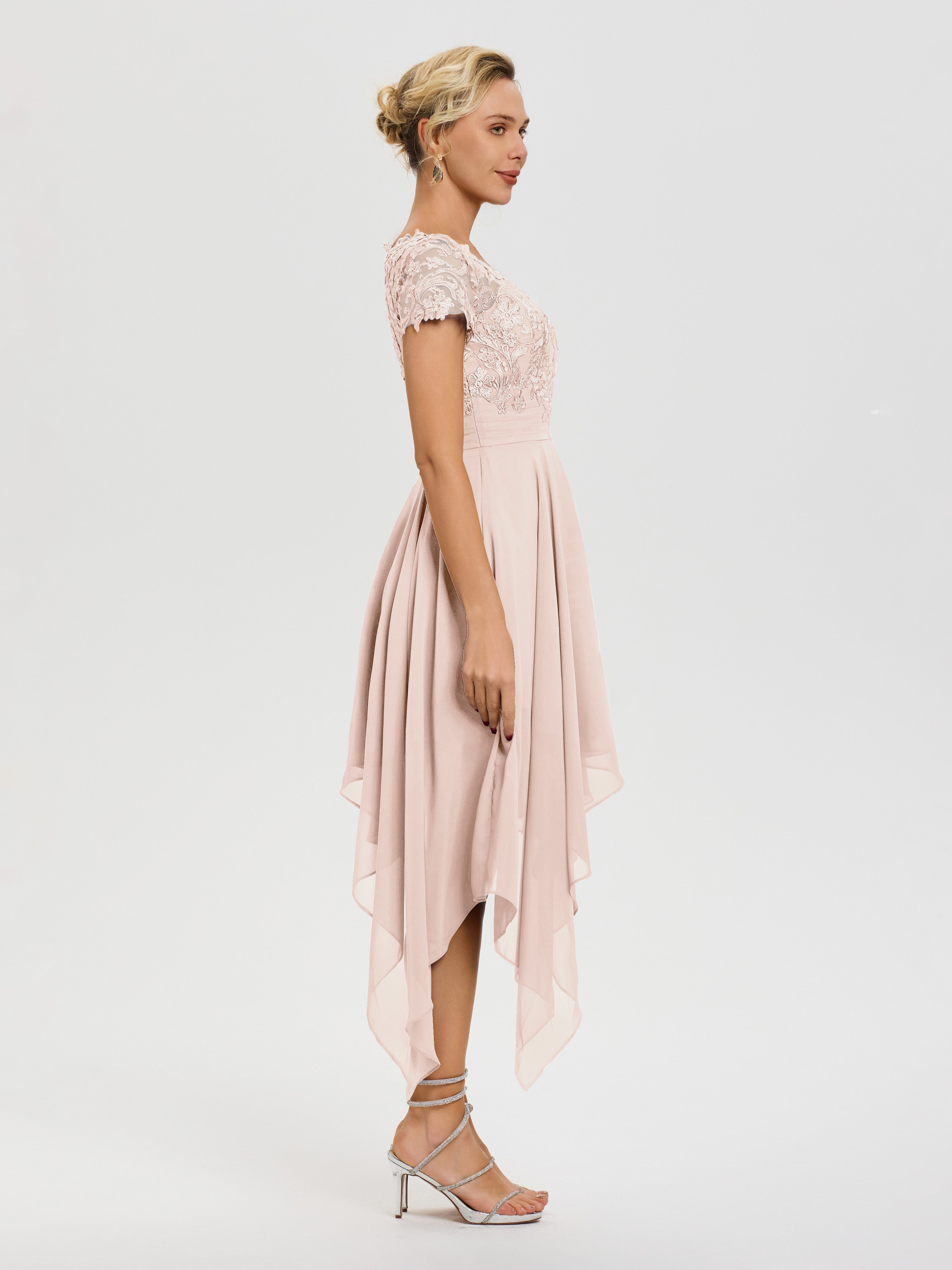 Robe De Mère De La Mariée Rose Perle Col V Mousseline&Dentelle Asymétrique Robe Mère De La Mariée