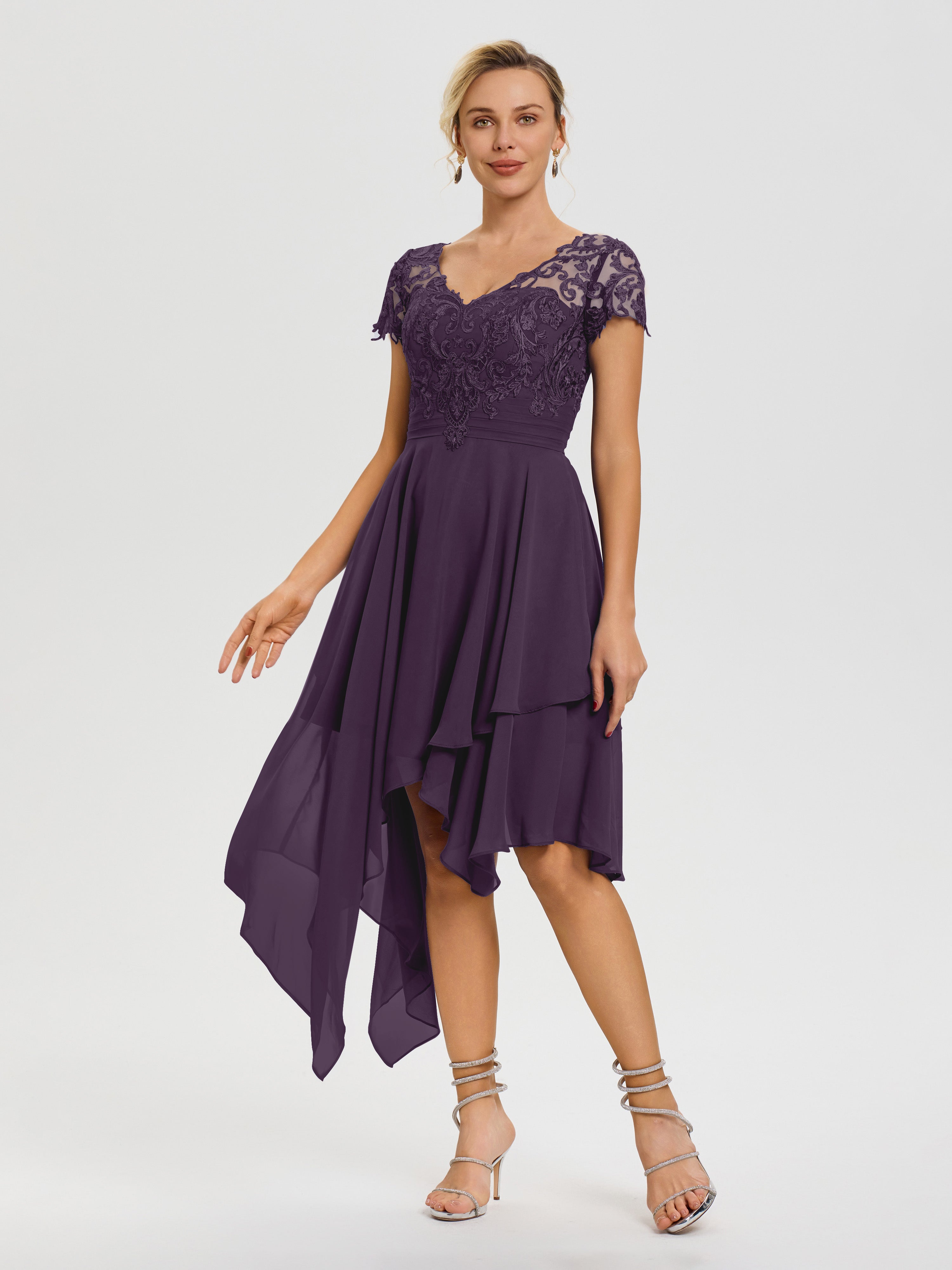 Robe De Mère De La Mariée Plum Col V Mousseline&Dentelle Asymétrique Robe Mère De La Mariée