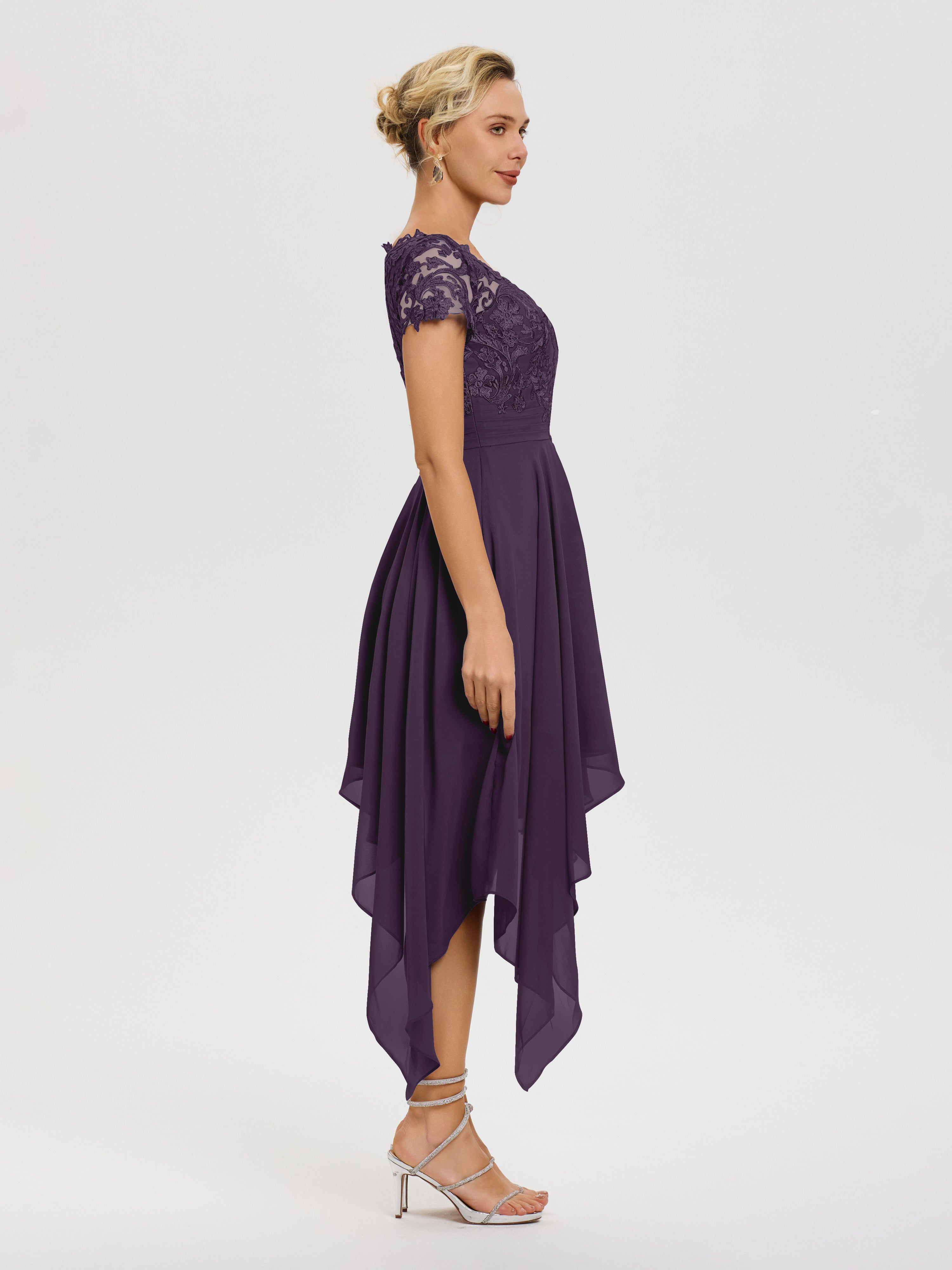 Robe De Mère De La Mariée Plum Col V Mousseline&Dentelle Asymétrique Robe Mère De La Mariée