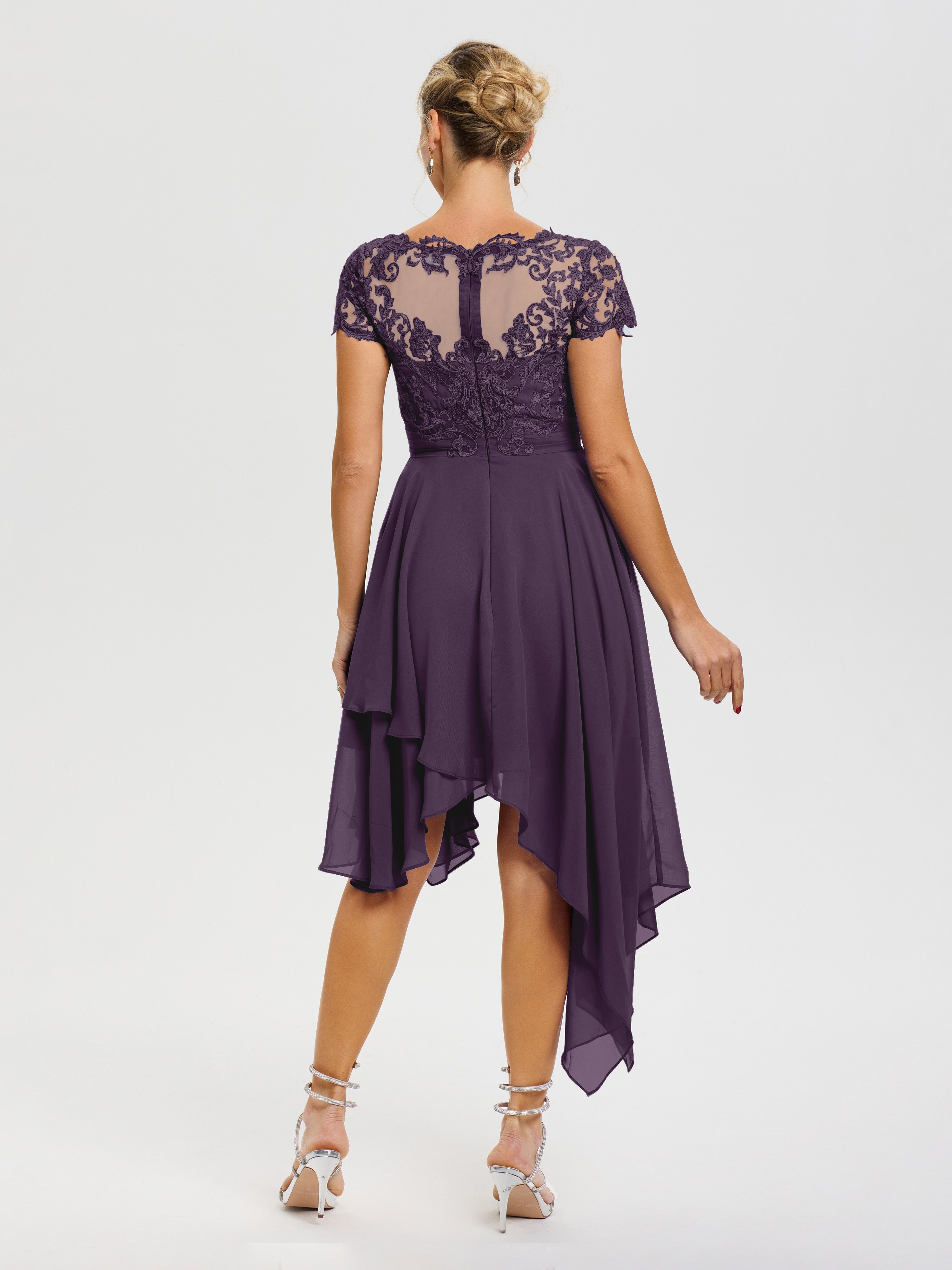 Robe De Mère De La Mariée Plum Col V Mousseline&Dentelle Asymétrique Robe Mère De La Mariée