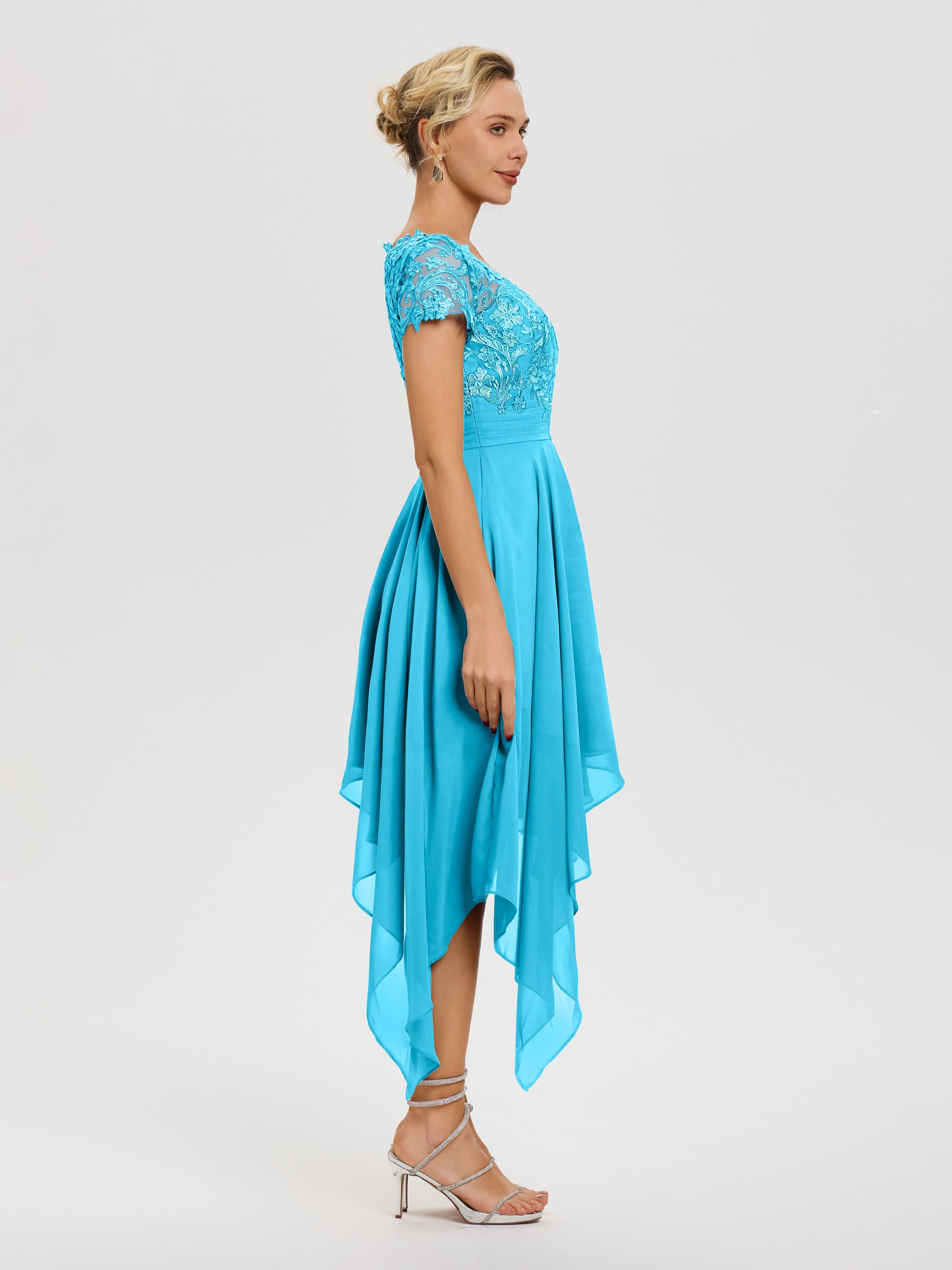 Robe De Mère De La Mariée Piscine Col V Mousseline&Dentelle Asymétrique Robe Mère De La Mariée