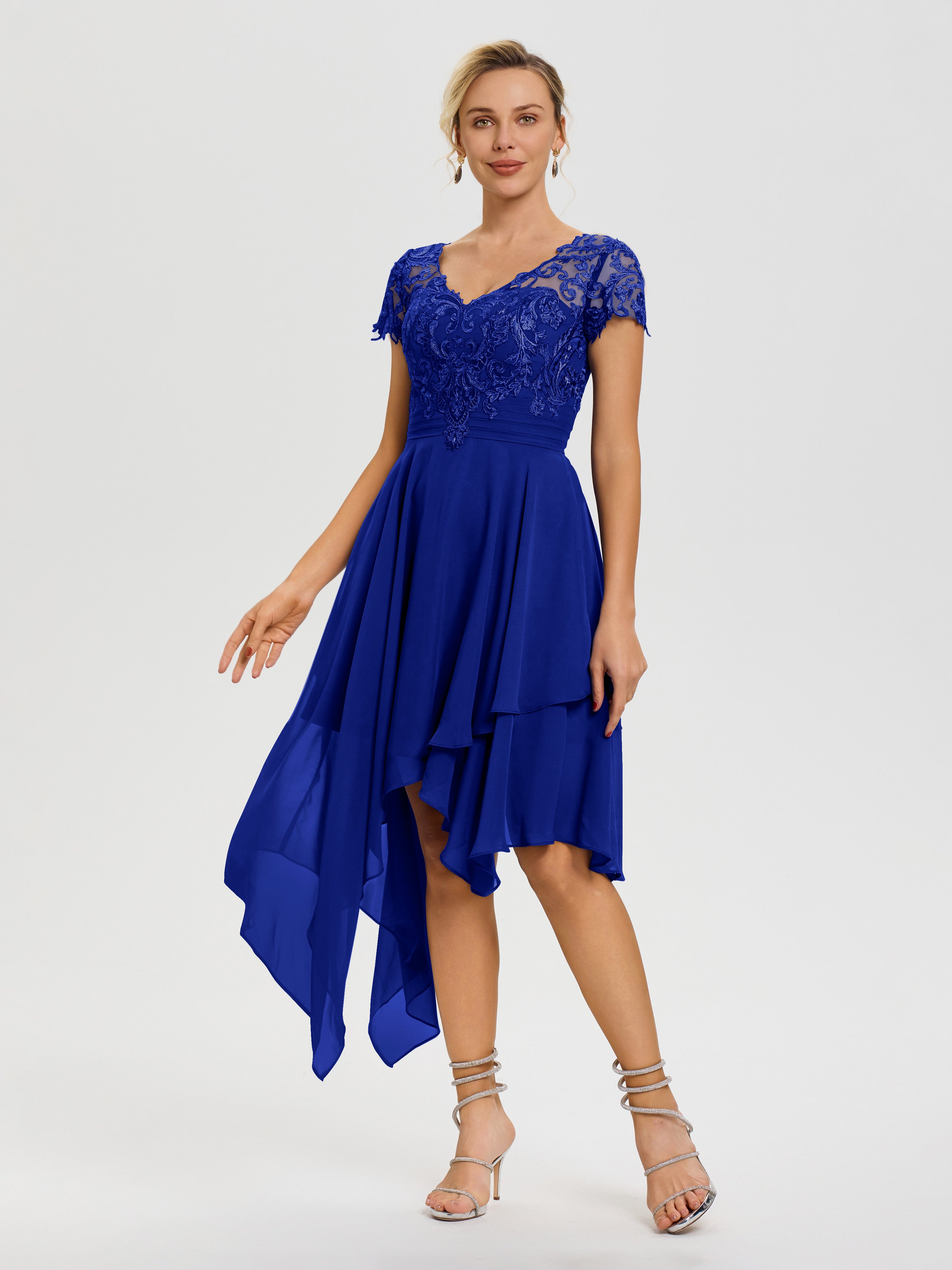 Robe Mère De Mariée Bleu Royale Col V Mousseline&Dentelle Asymétrique Robe Mère De La Mariée