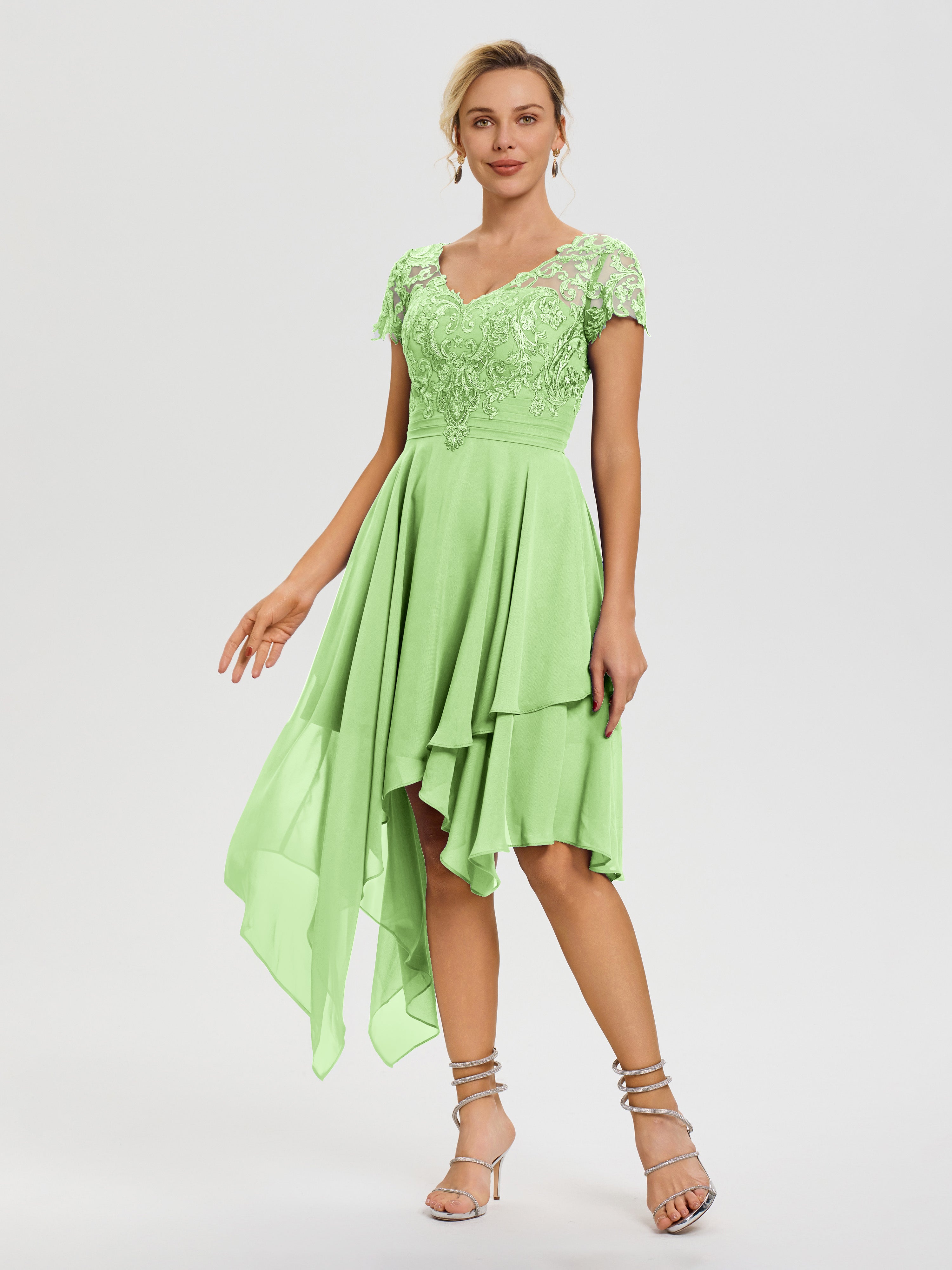 Robe Mère De La Mariée Vert Sauge Col V Mousseline&Dentelle Asymétrique Robe Mère De La Mariée