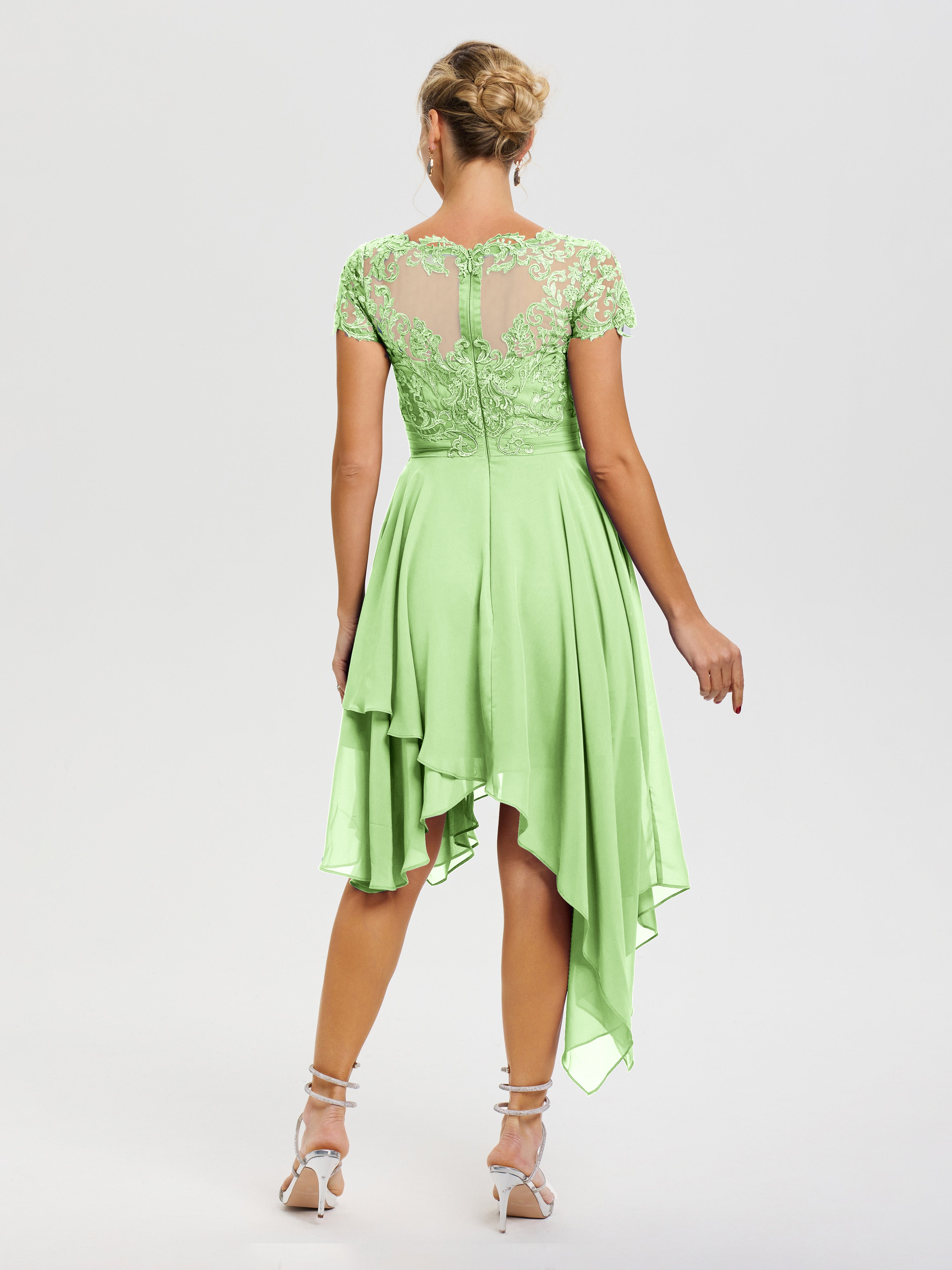 Robe Mère De La Mariée Vert Sauge Col V Mousseline&Dentelle Asymétrique Robe Mère De La Mariée